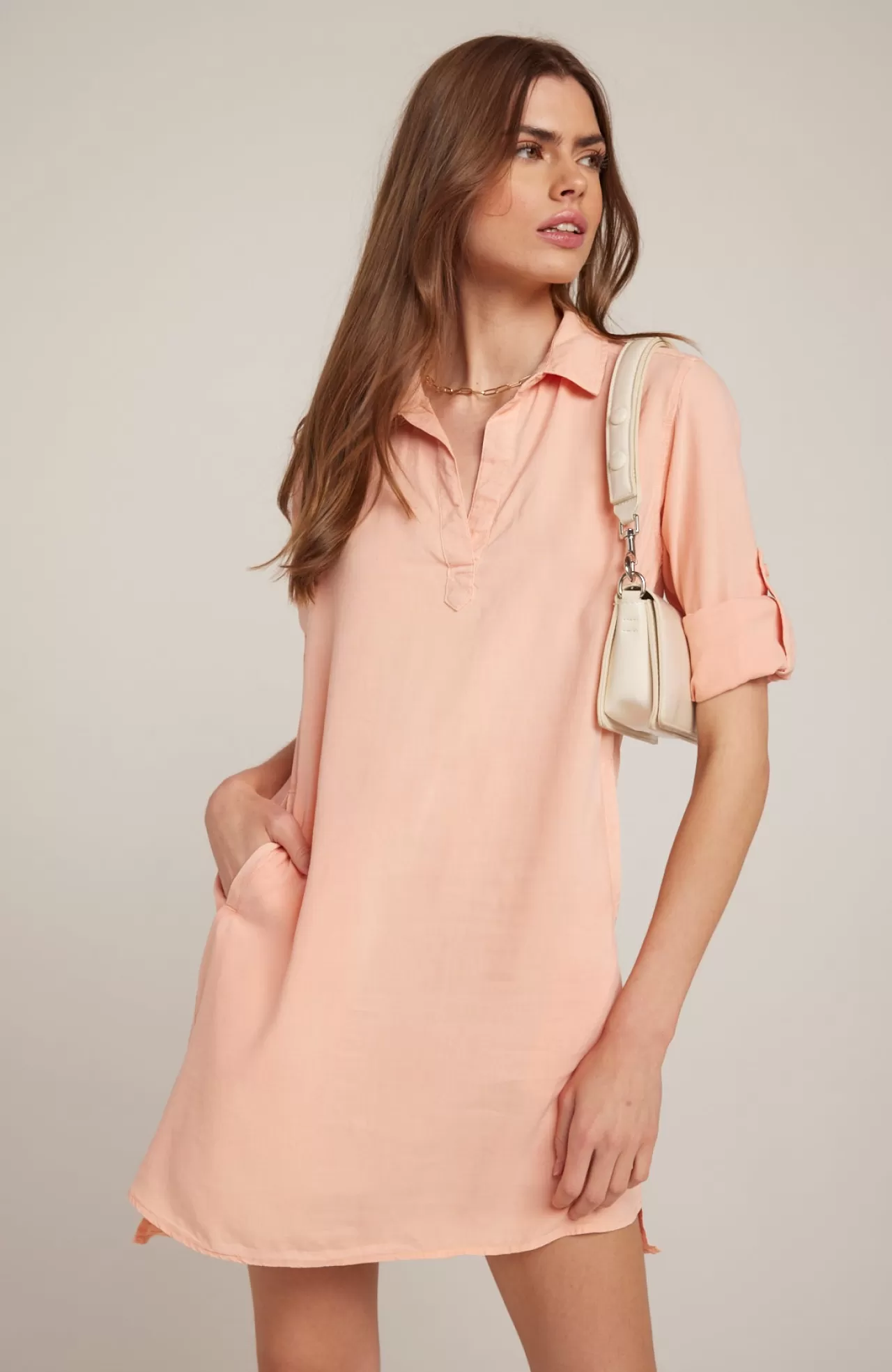 Bella Dahl Mini Dresses^A-Line Rolled Tab Sleeve Dress - Sunset Coral