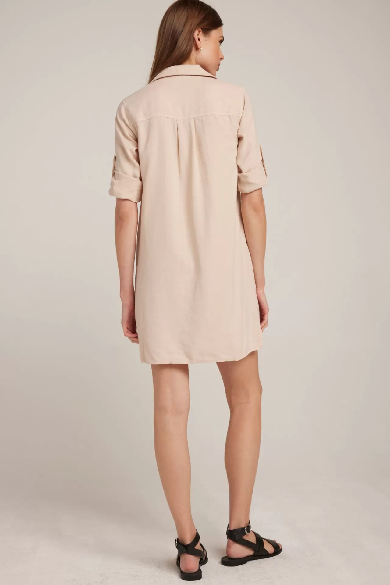 Bella Dahl Mini Dresses^A-Line Rolled Tab Sleeve Dress - Soft Tan