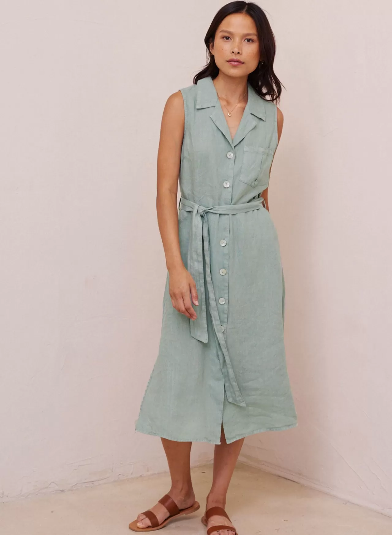 Bella Dahl Midi Dresses^Belted Utility Linen Dress - Oasis Green