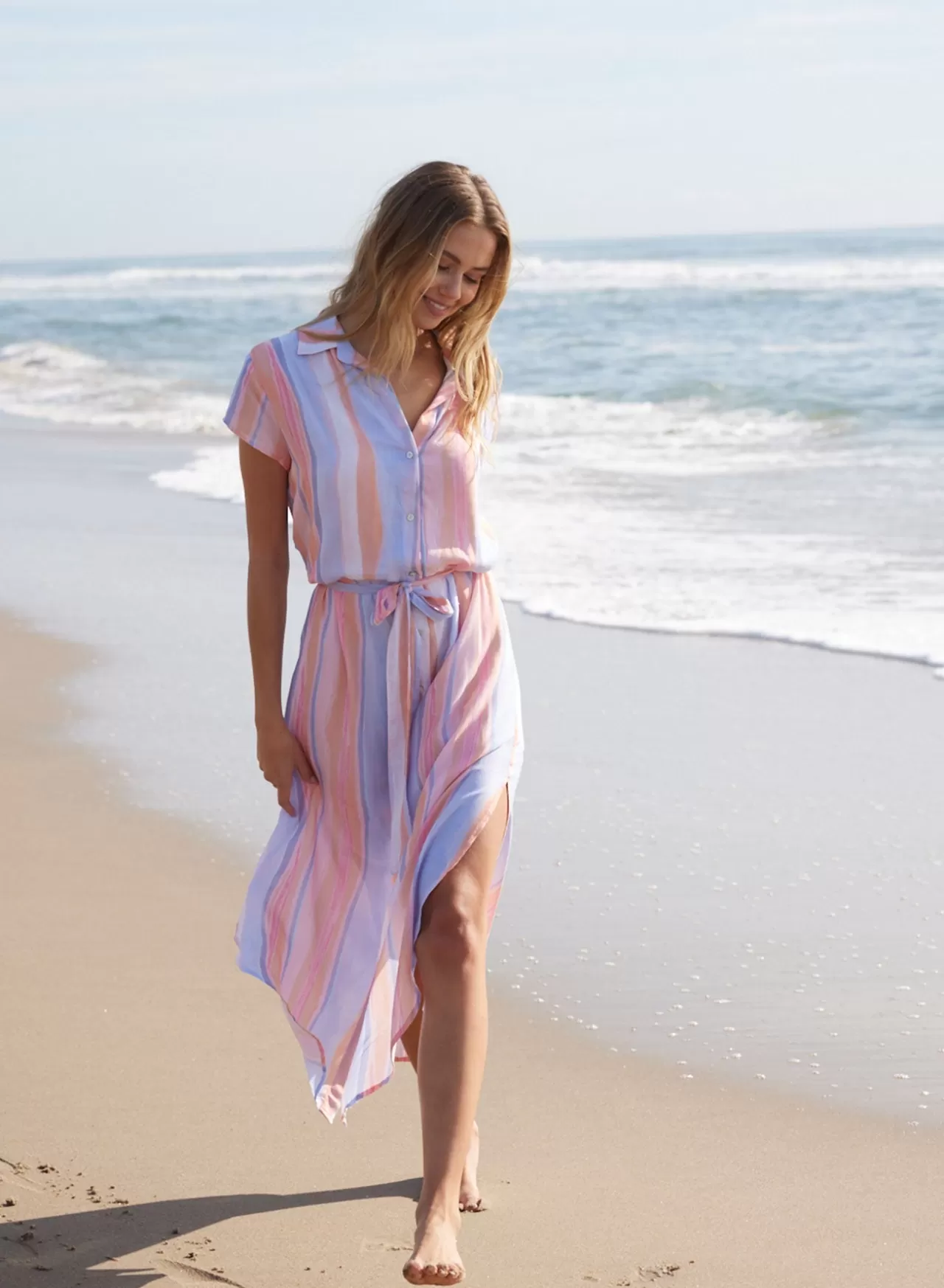 Bella Dahl Maxi Dresses^Capsleeve Tie Waist Shirt Dress - Paloma Stripes Print