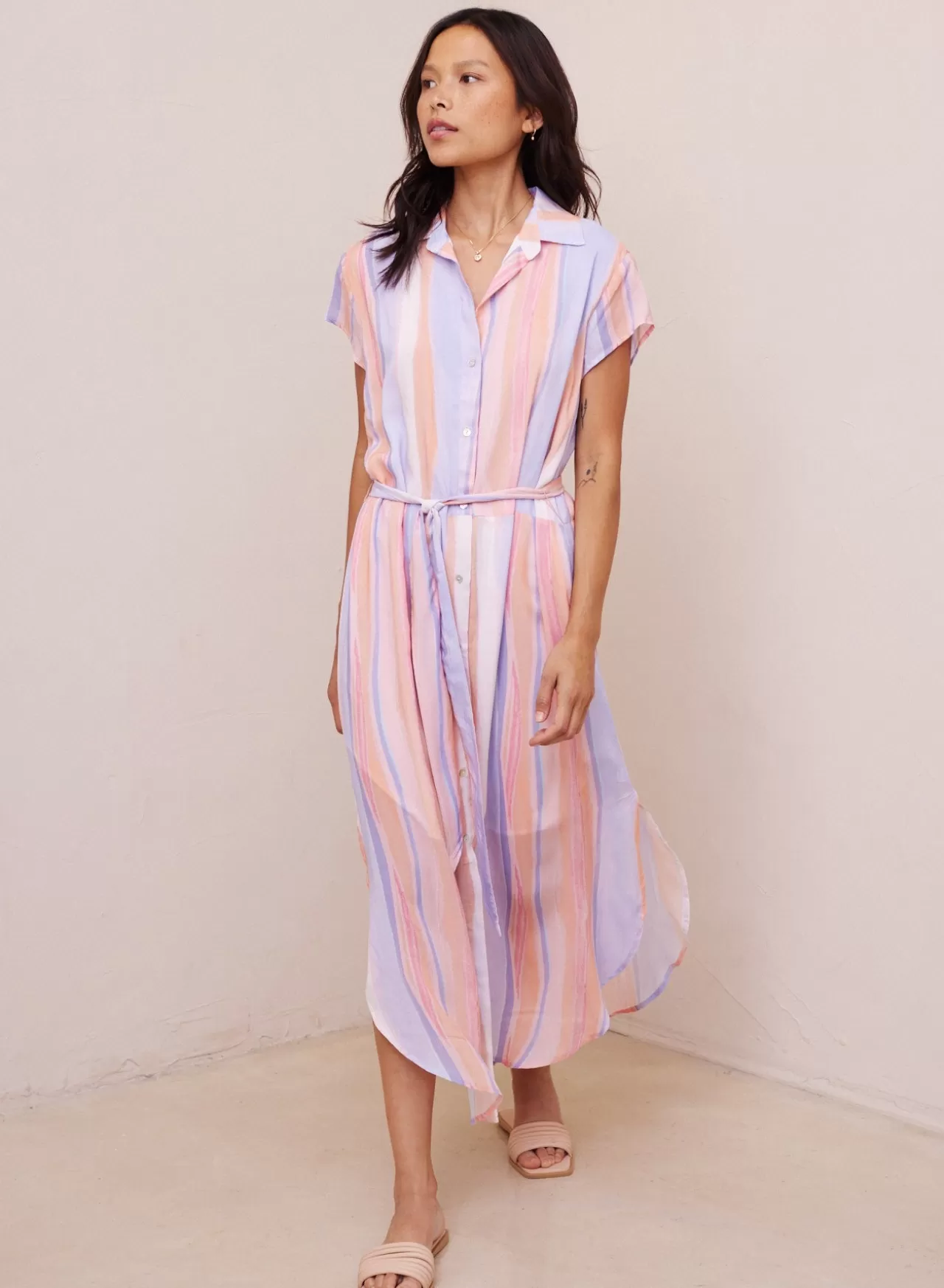 Bella Dahl Maxi Dresses^Capsleeve Tie Waist Shirt Dress - Paloma Stripes Print