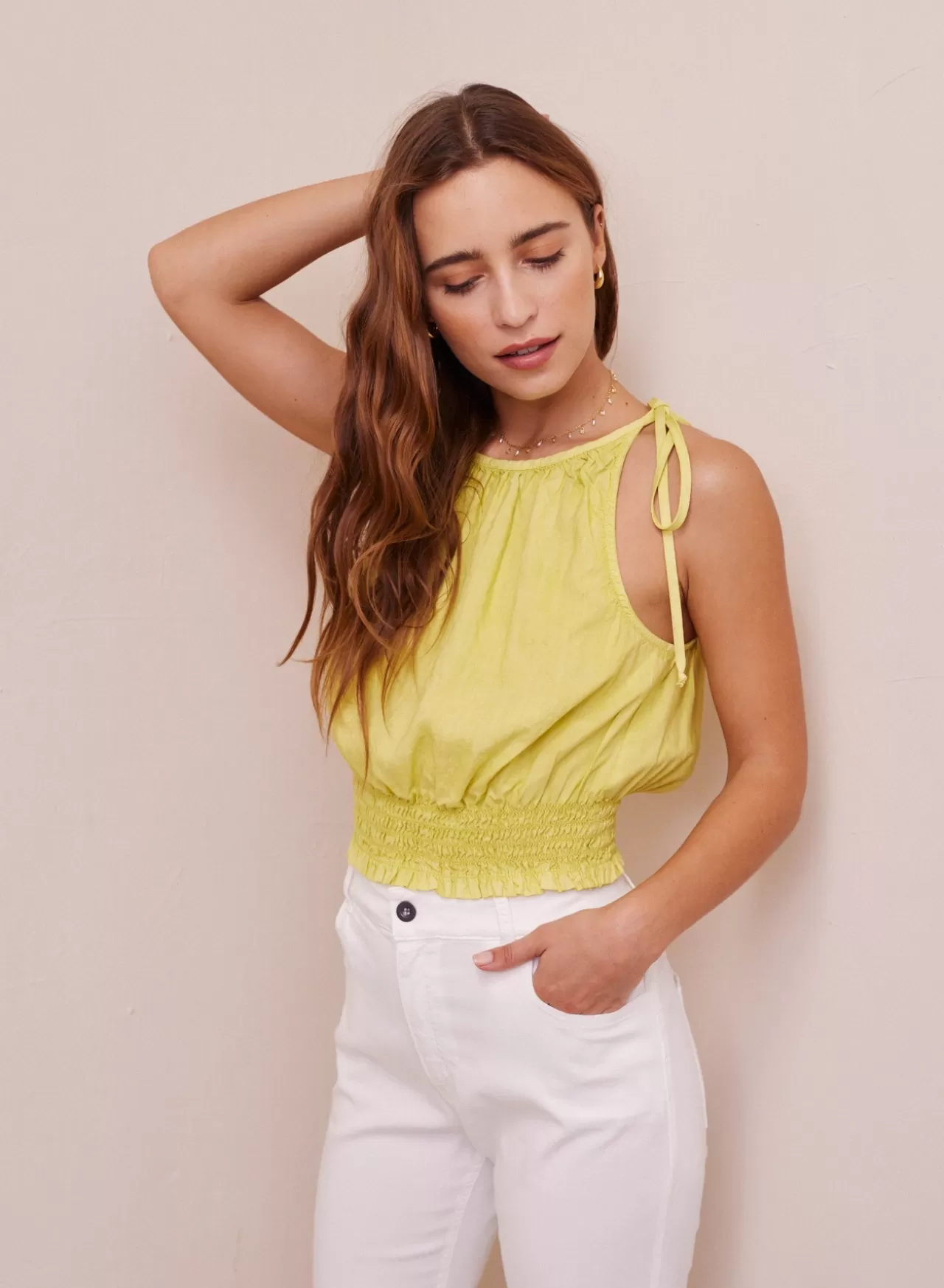 Bella Dahl Sleeveless^Crop Smocked Waist Tencel Top - Sweet Limeade