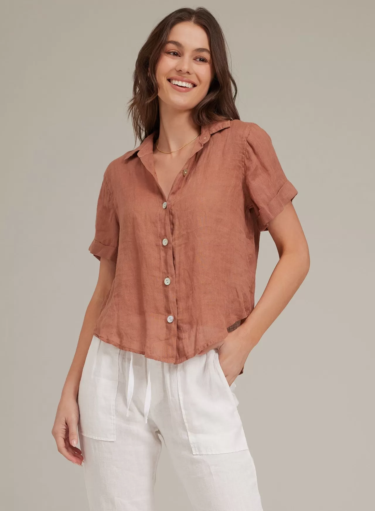 Bella Dahl Button Down^Cuffed Linen Short Sleeve Shirt - Terracotta Brown