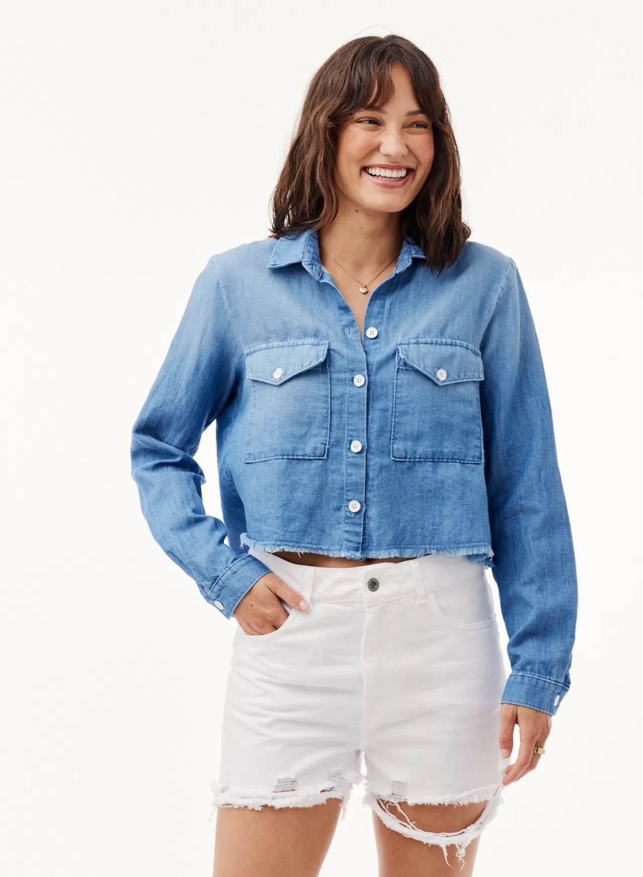 Bella Dahl Button Down^Denim Patch Pocket Crop Shirt - Bermuda Wash