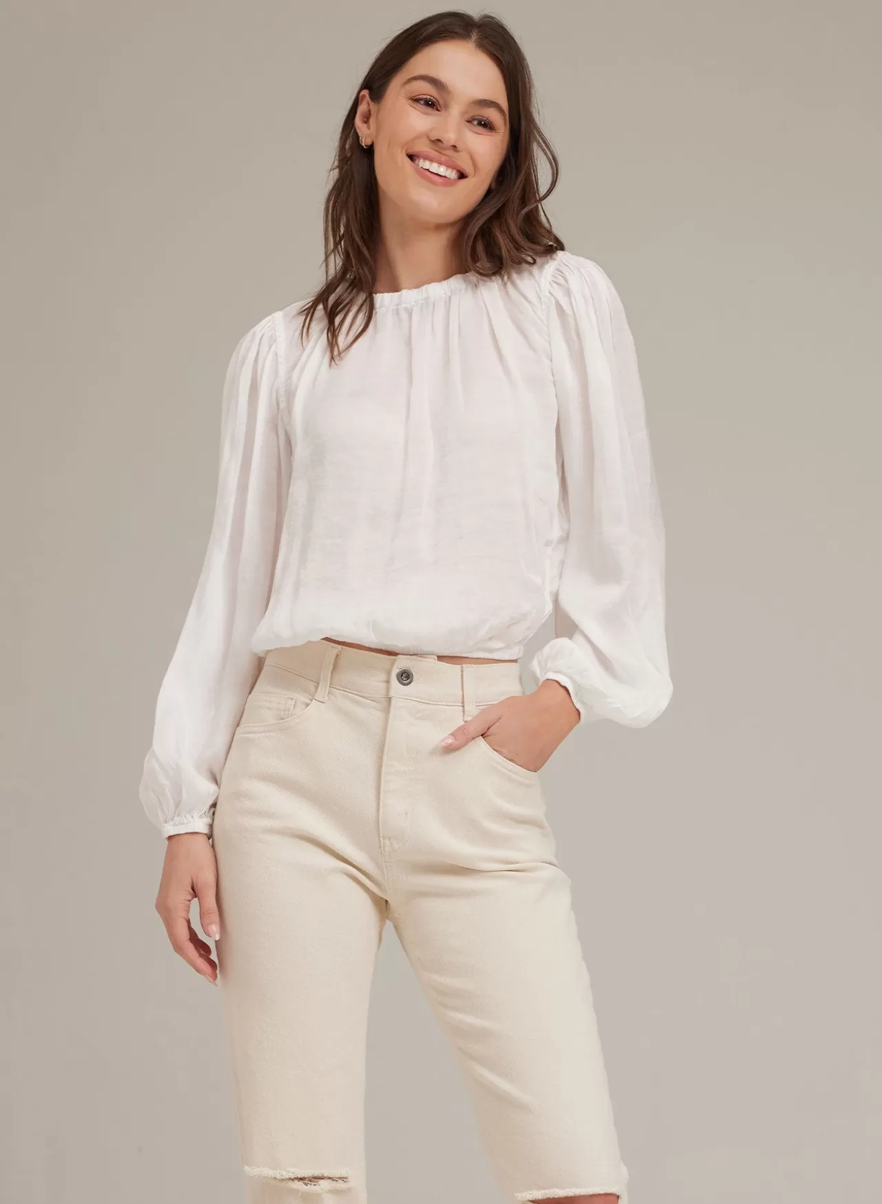 Bella Dahl Long Sleeve^Elastic Shirred Top - White