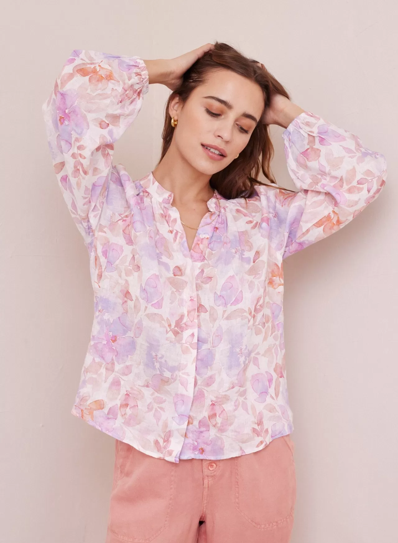 Bella Dahl Button Down^Floral Linen Raglan Shirt - Peach Jardin Print