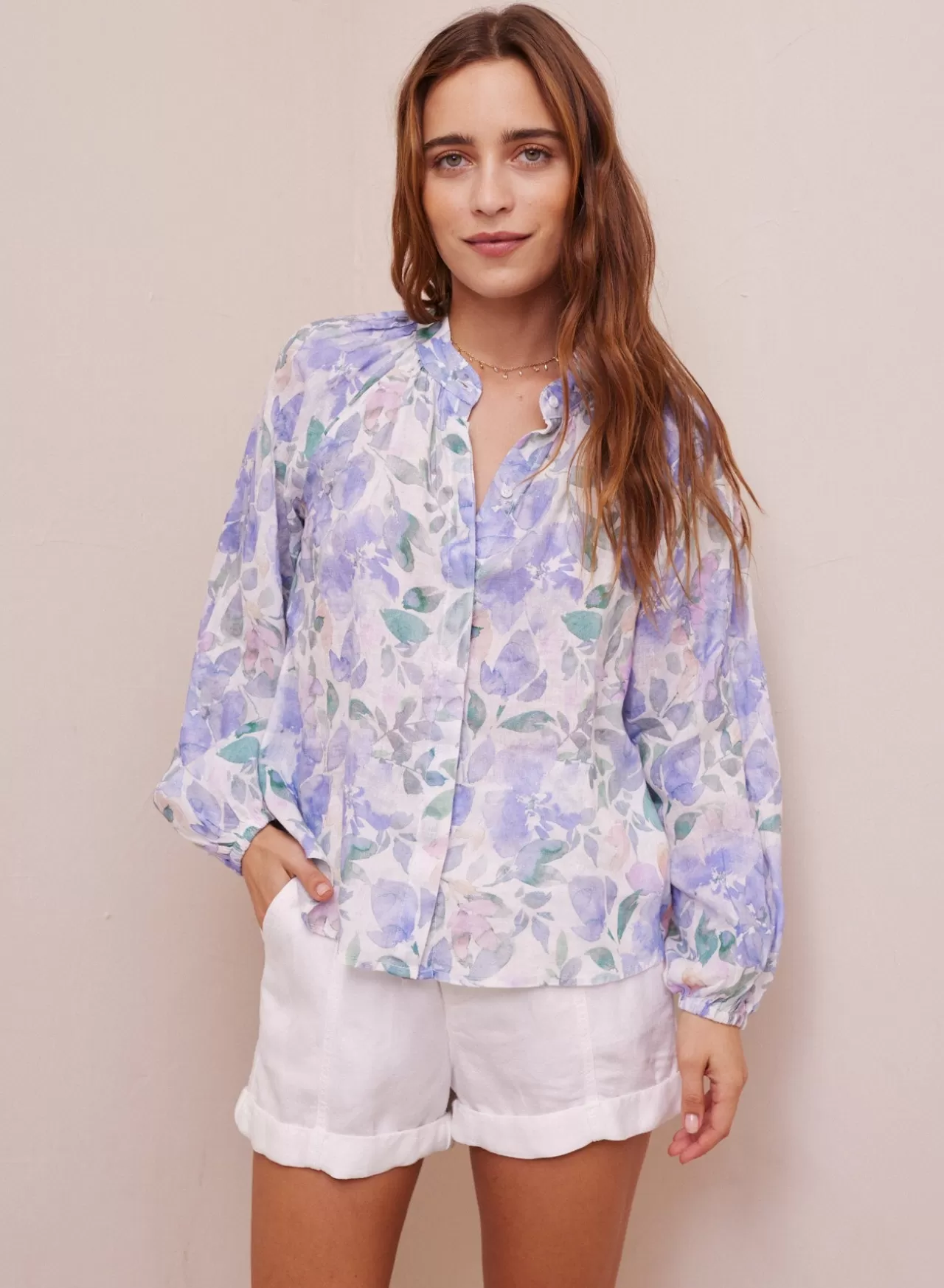 Bella Dahl Button Down^Floral Linen Raglan Shirt - Peri Jardin Print