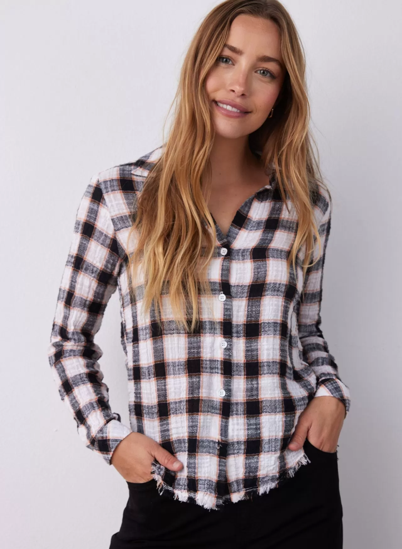 Bella Dahl Button Down^Frayed Hem Button Down - Black & White Check