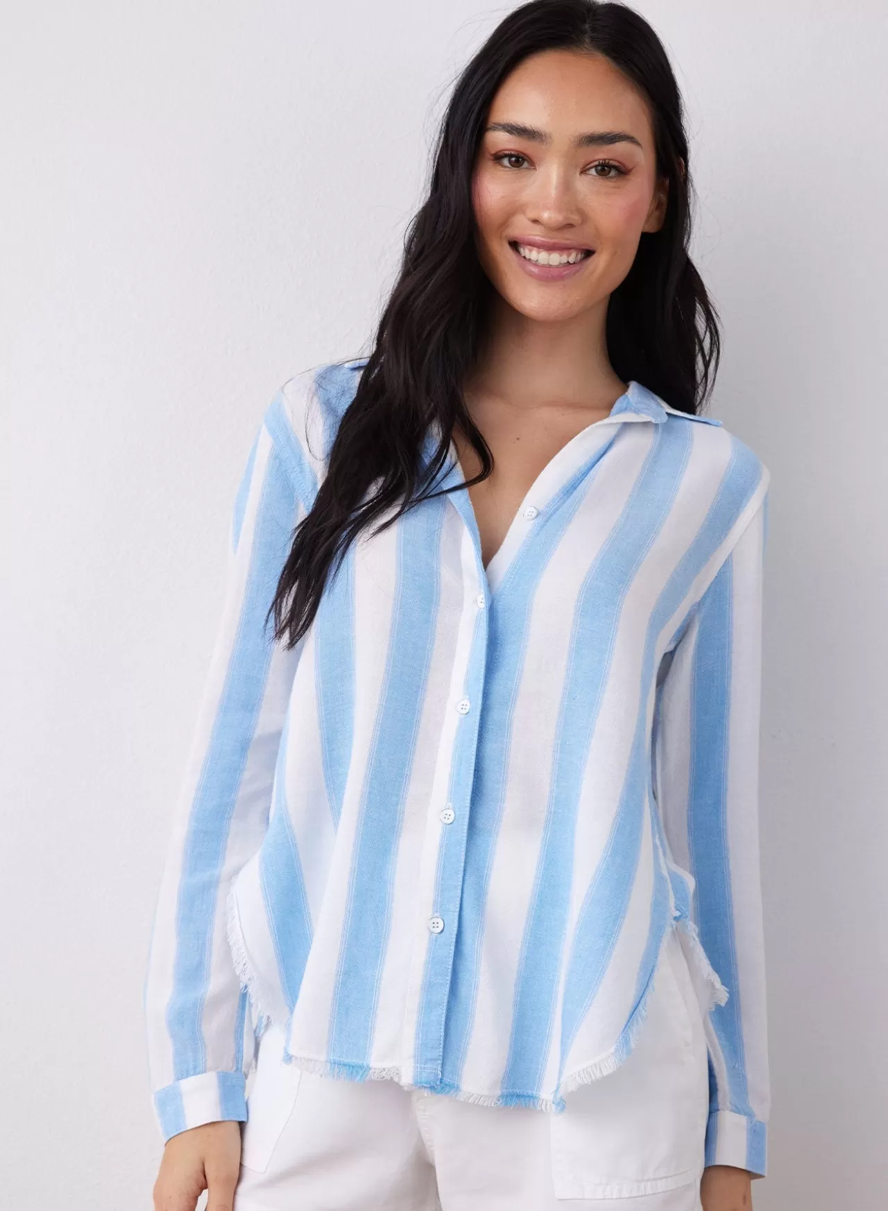 Bella Dahl Long Sleeve^Frayed Hem Button Down - Marina Blue Stripe