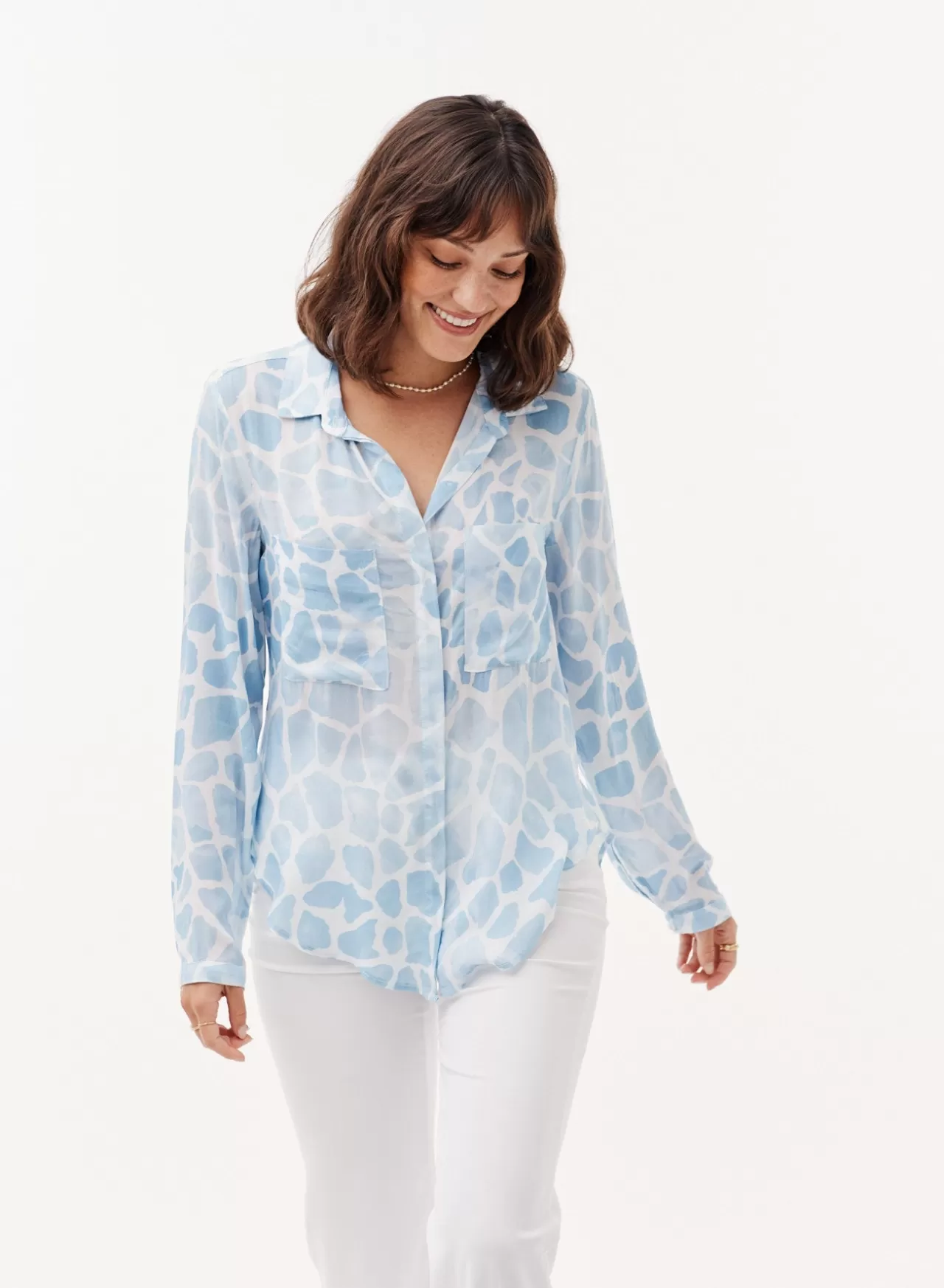 Bella Dahl Long Sleeve^Full Button Down Hipster Shirt - Blue Stone Print