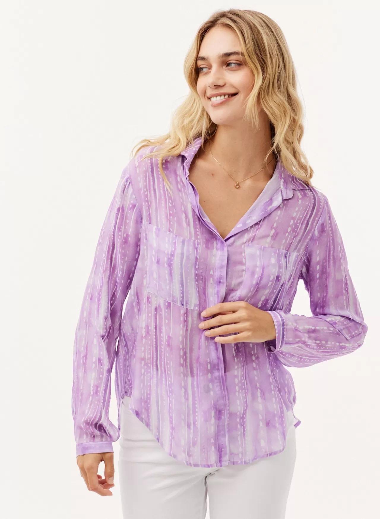 Bella Dahl Long Sleeve^Full Button Down Hipster Shirt - Orchid Stripe Print