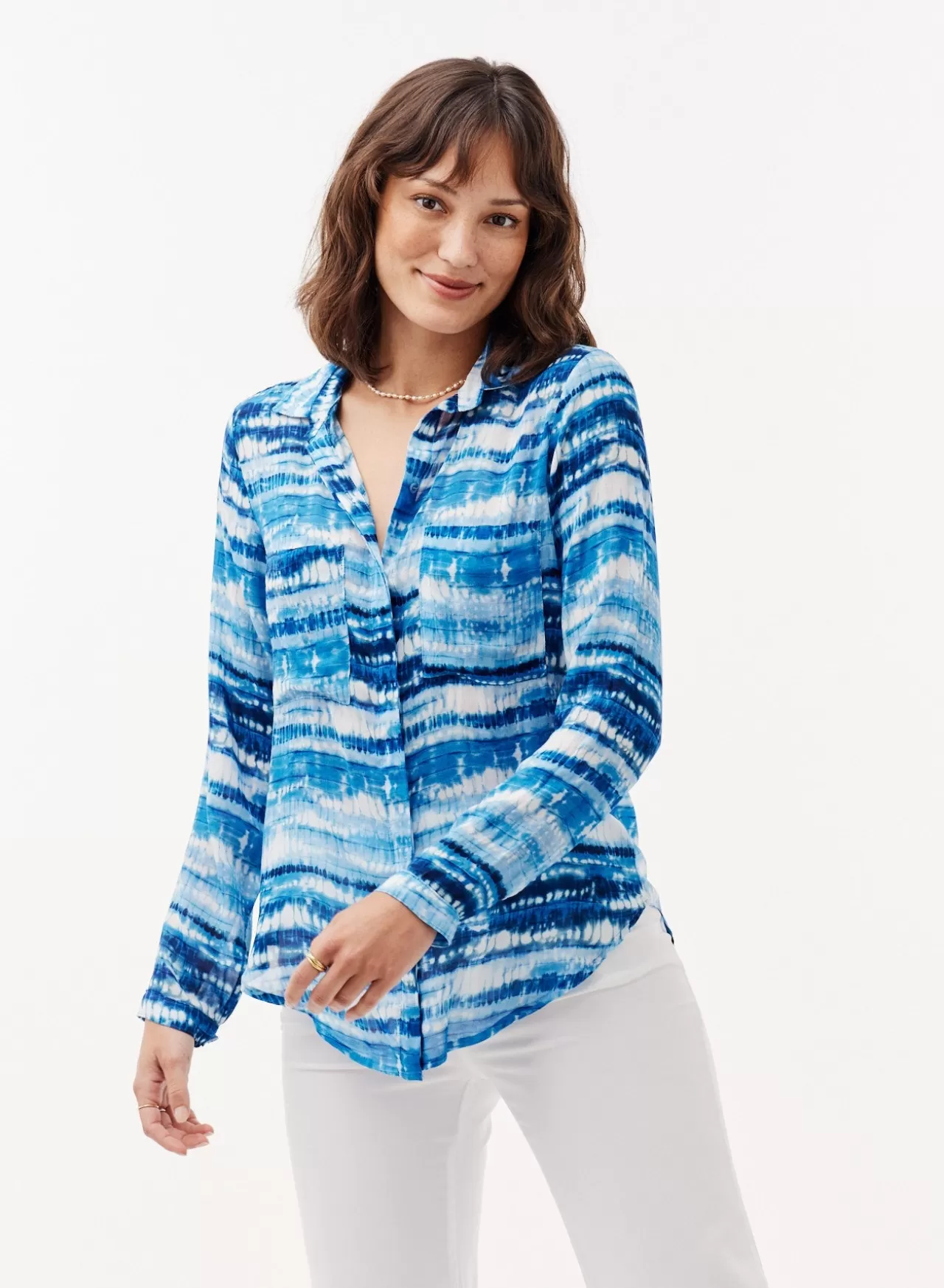 Bella Dahl Long Sleeve^Full Button Down Hipster Shirt - Blue Shibori Print