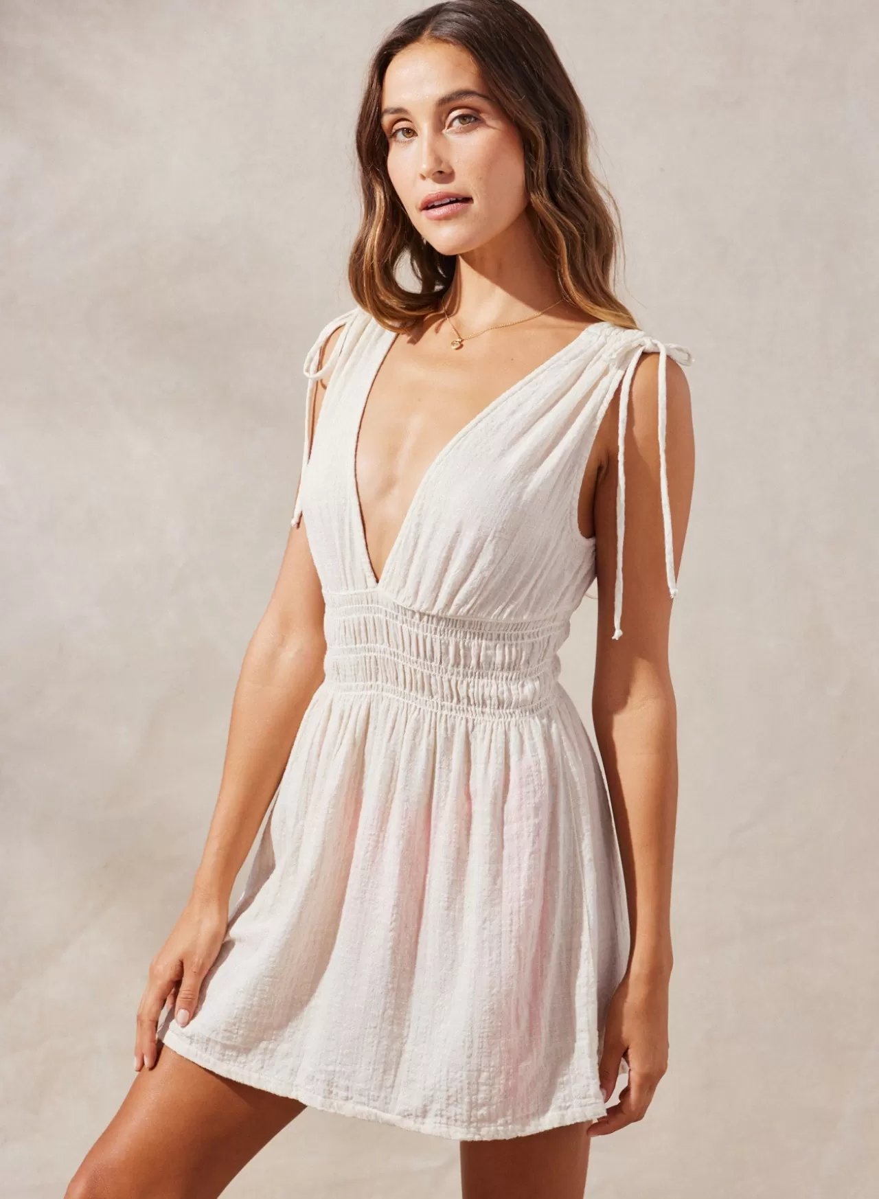 Bella Dahl Mini Dresses^Gathered Mini Shoulder Dress - Natural Linen