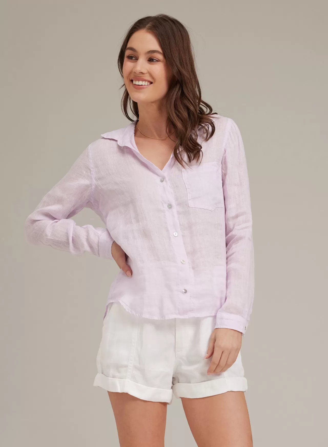 Bella Dahl Long Sleeve^Linen Pocket Button Down - Pale Purple