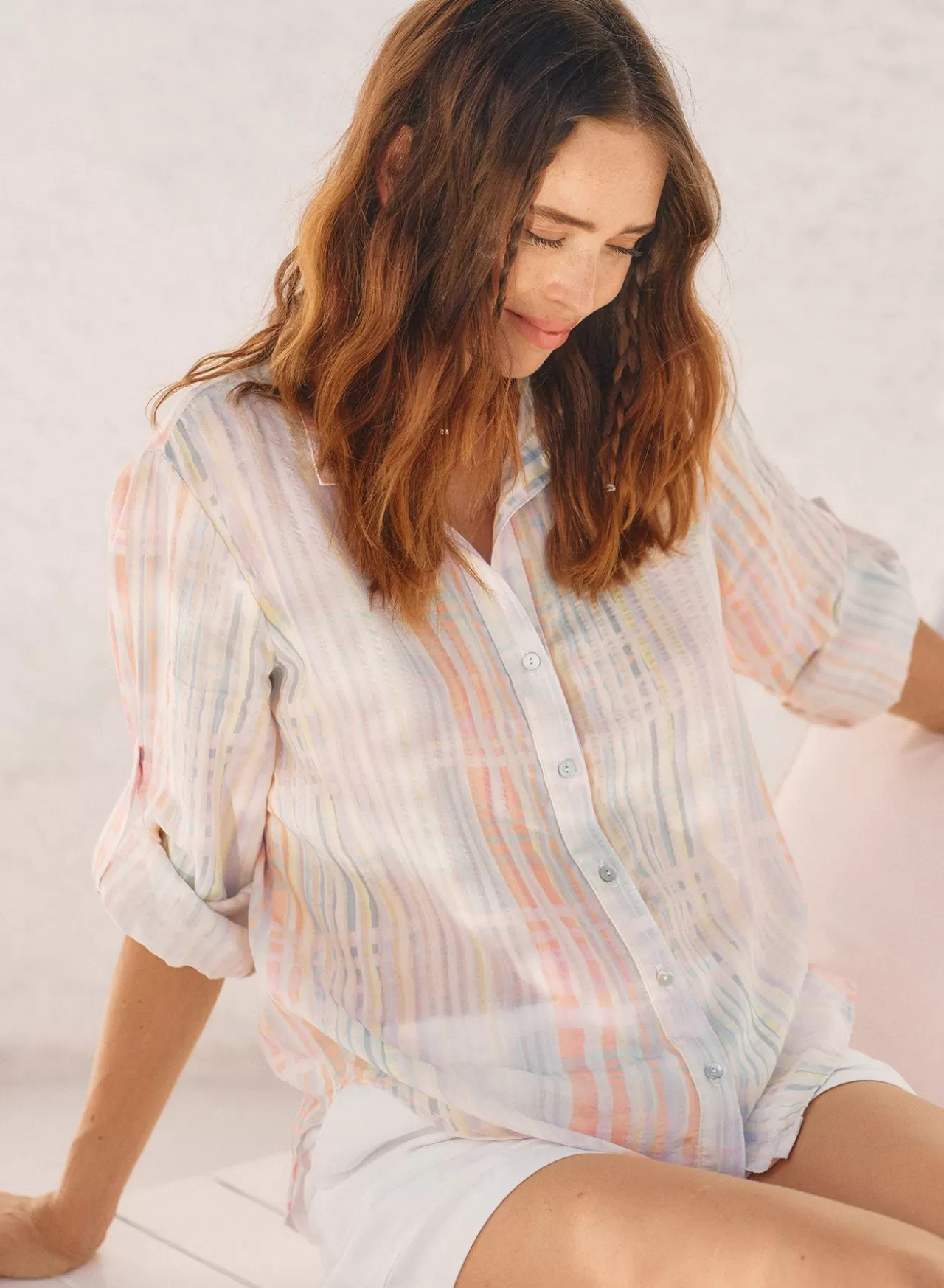 Bella Dahl Button Down^Roll Tab Sleeve Tencel Button Down- Pastel Plaid Print