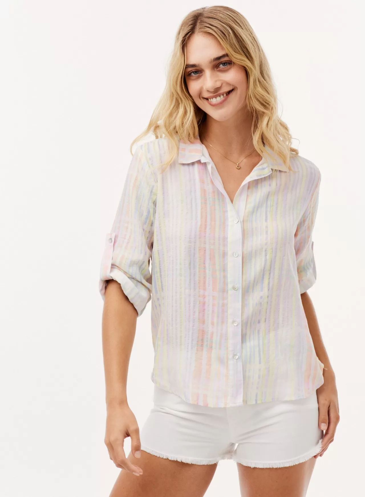 Bella Dahl Button Down^Roll Tab Sleeve Tencel Button Down- Pastel Plaid Print