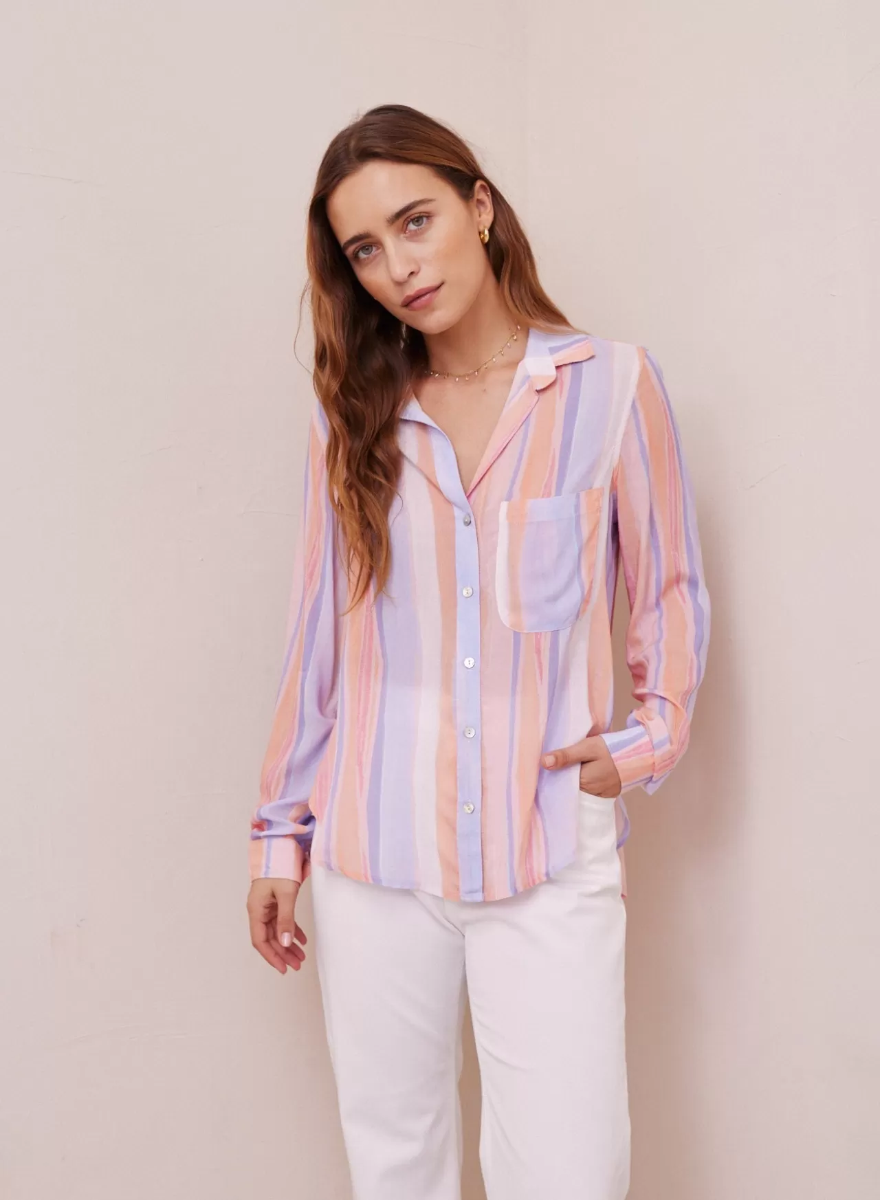 Bella Dahl Button Down^Rounded Hem Button Down - Paloma Stripes Print