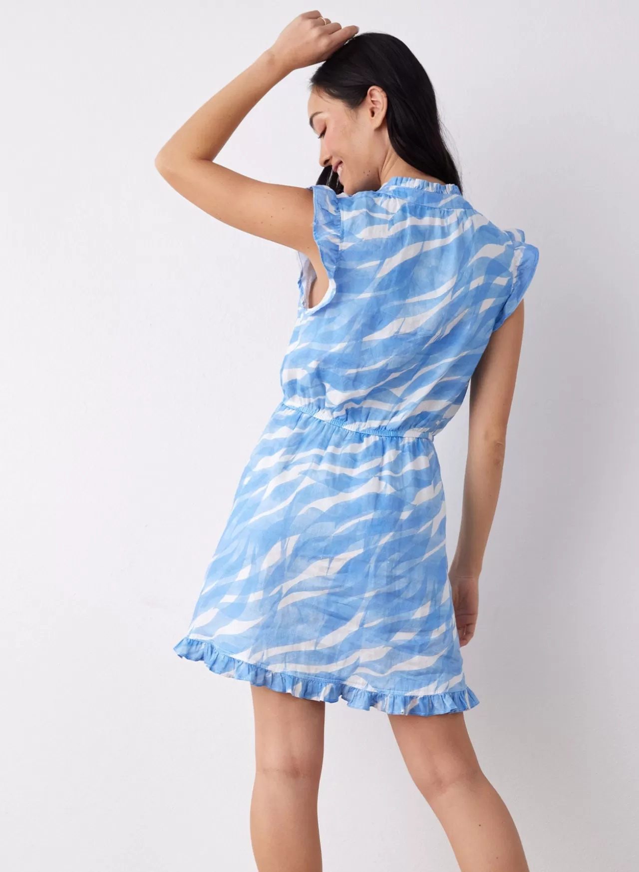 Bella Dahl Mini Dresses^Ruffle Sleeve Linen Mini Dress - Laguna Waves Print