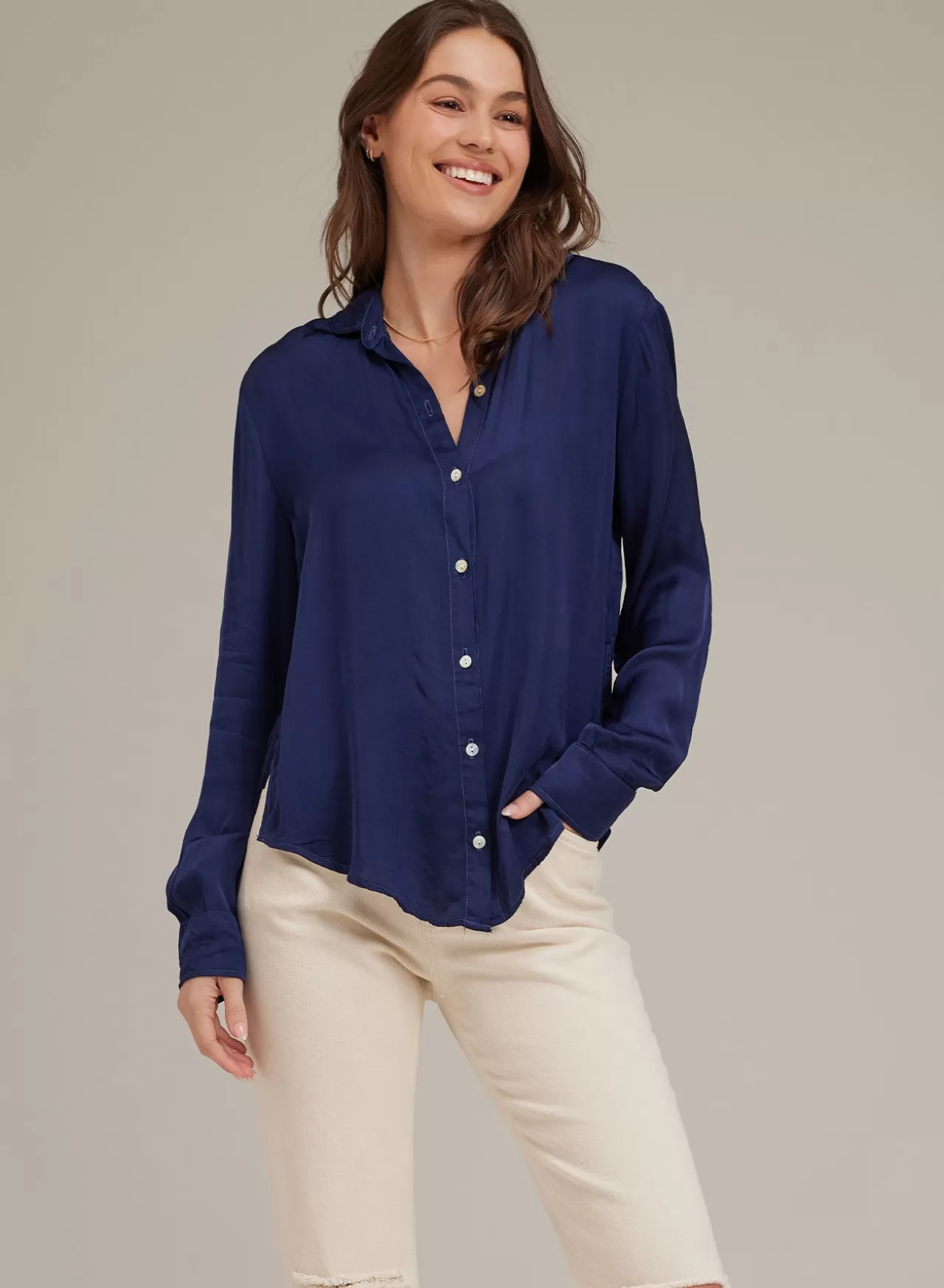 Bella Dahl Button Down^Satin Side Slit Button Down - Midnight Royal