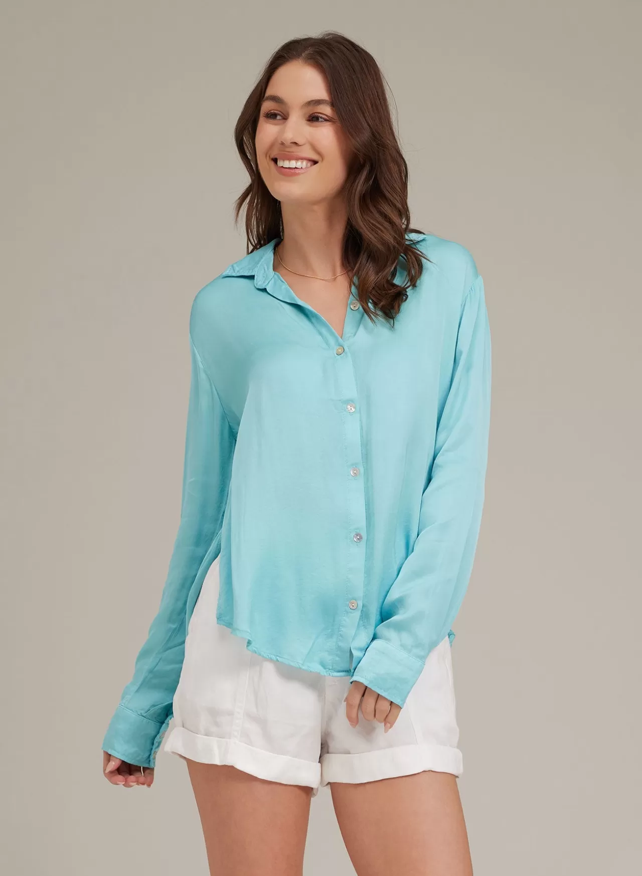 Bella Dahl Button Down^Satin Side Slit Button Down - Crystal Water