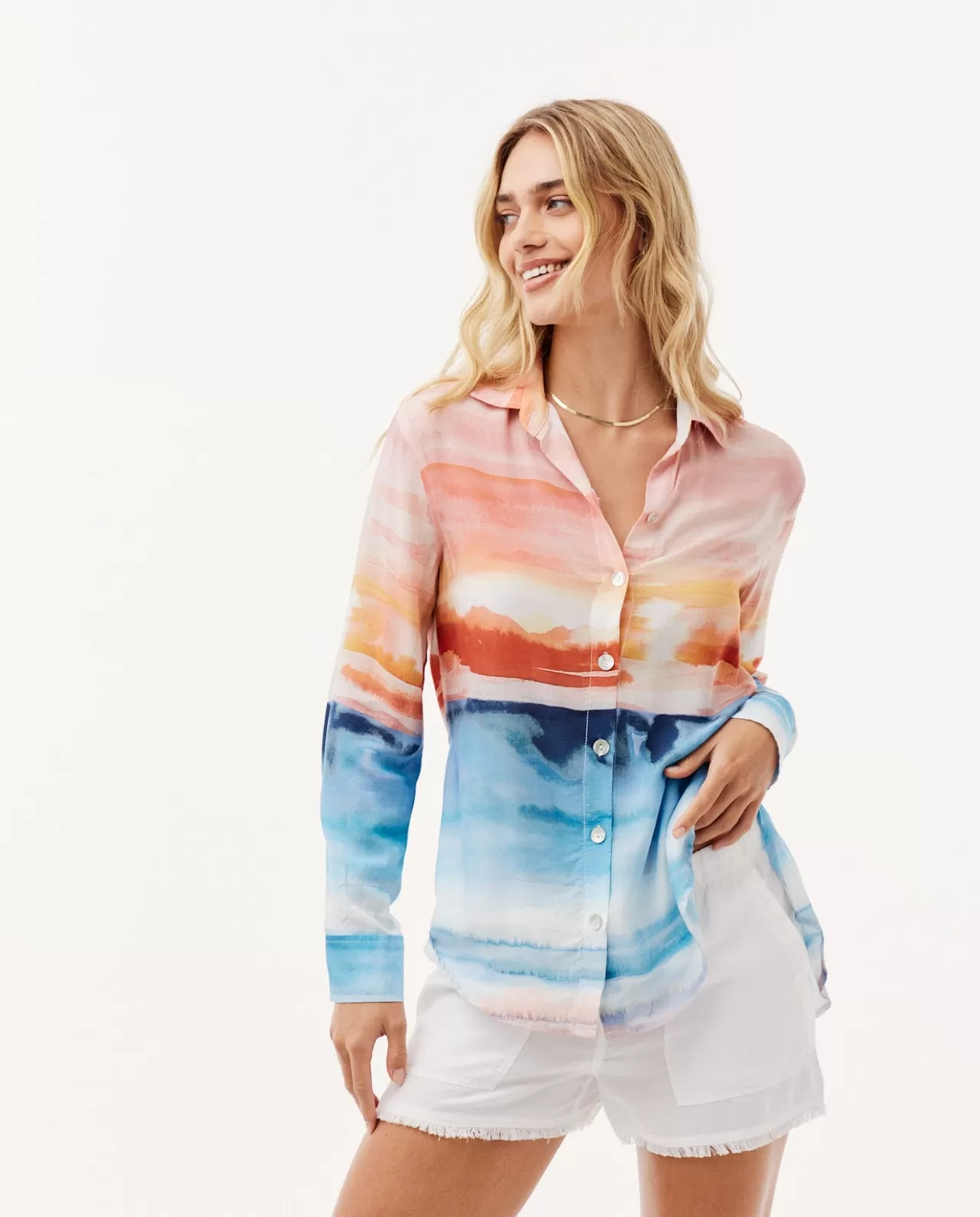 Bella Dahl Button Down^Satin Side Slit Button Down - Horizon Sunset Print