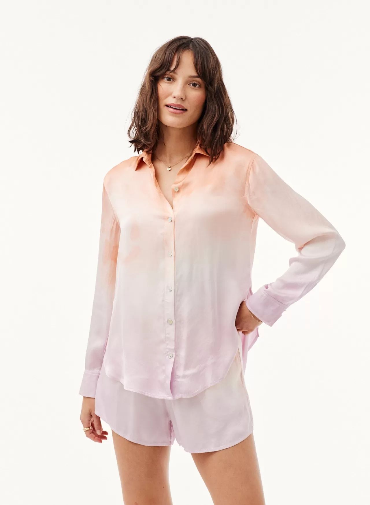 Bella Dahl Long Sleeve^Satin Side Slit Button Down - Orchid Sunset Dye