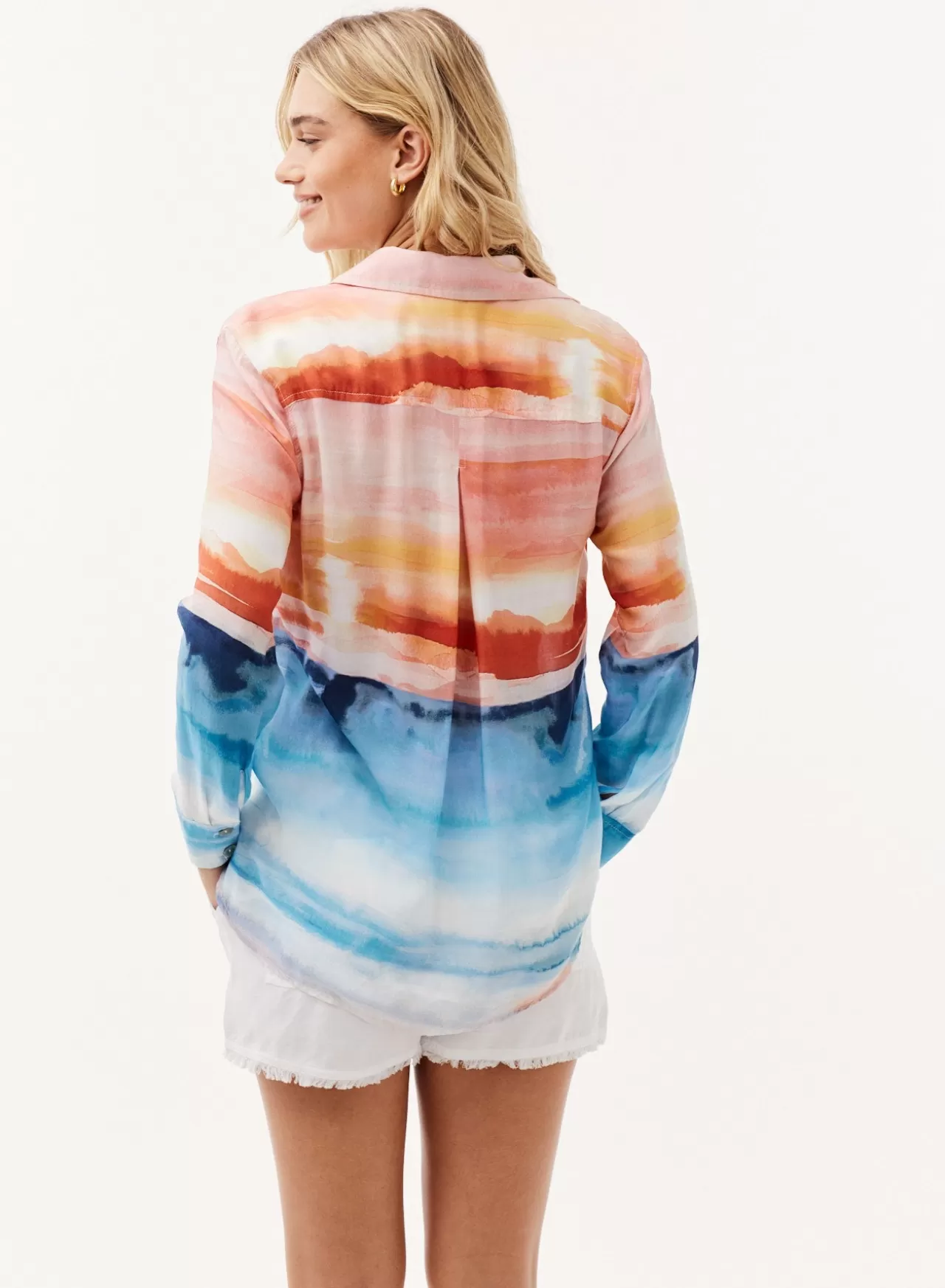 Bella Dahl Long Sleeve^Satin Side Slit Button Down - Horizon Sunset Print