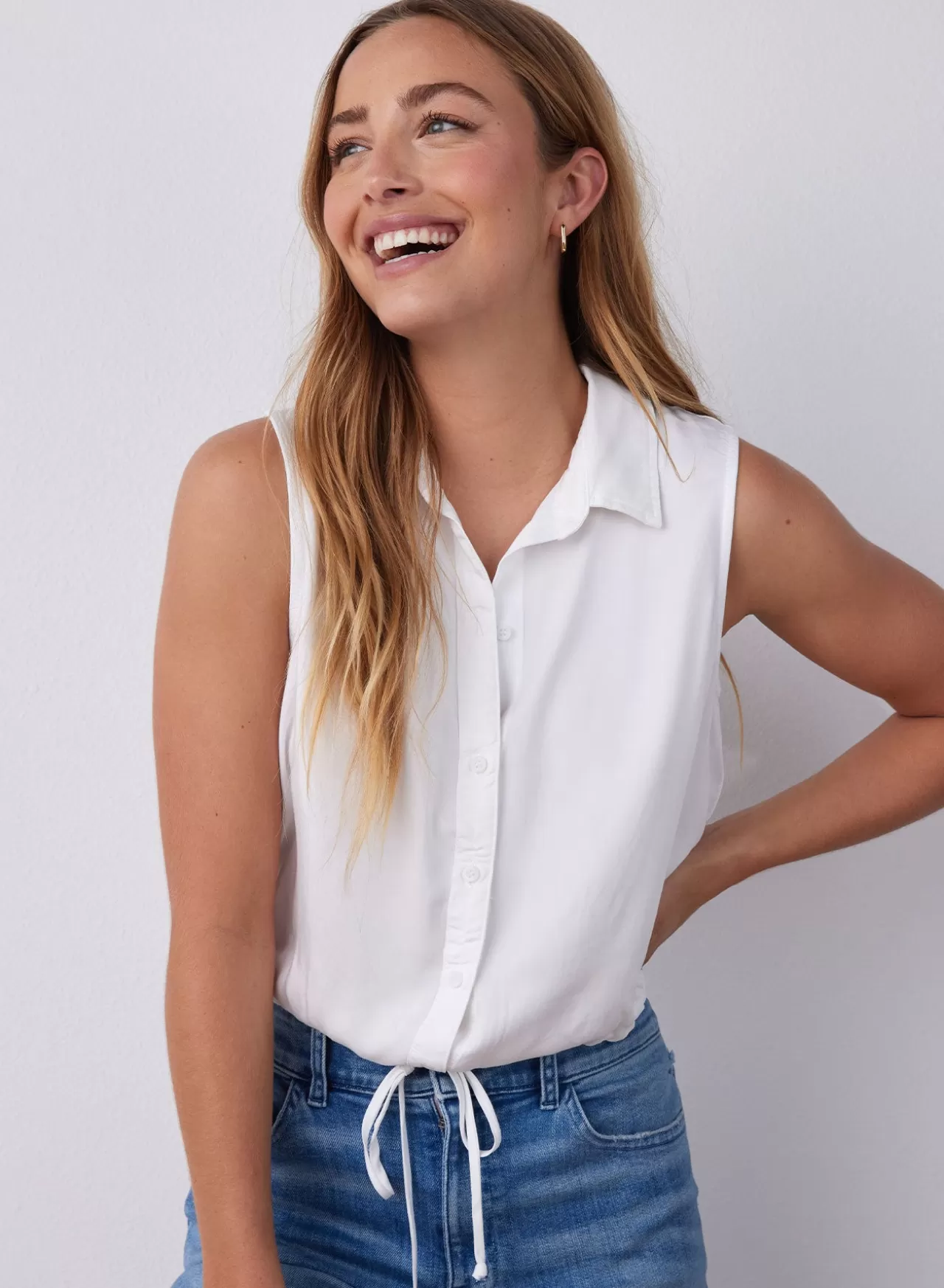 Bella Dahl Button Down^Satin Sleeveless Tie Waist Button Down - White