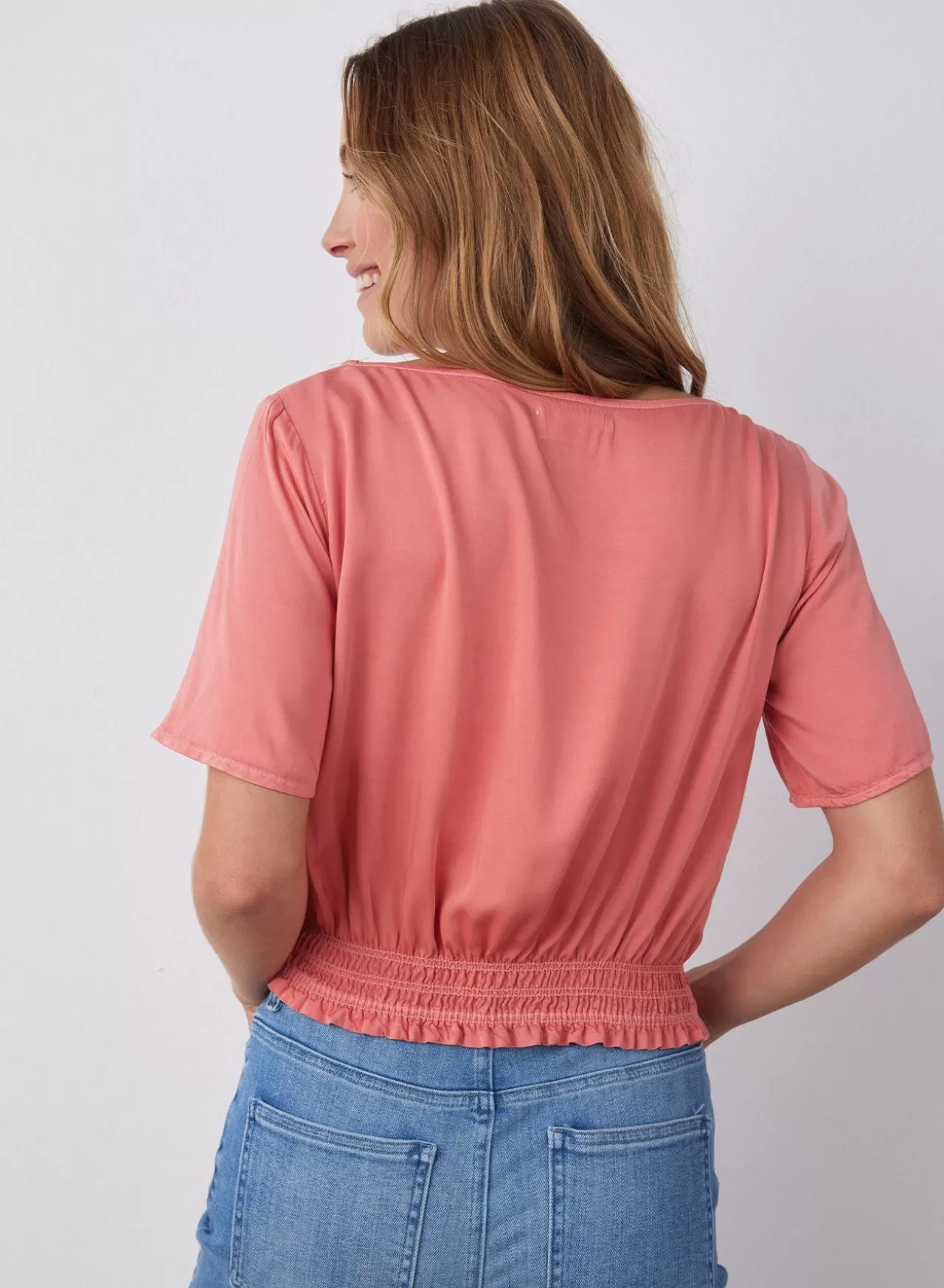 Bella Dahl Short Sleeve^Satin Smocked Waist Top - Blushed Coral