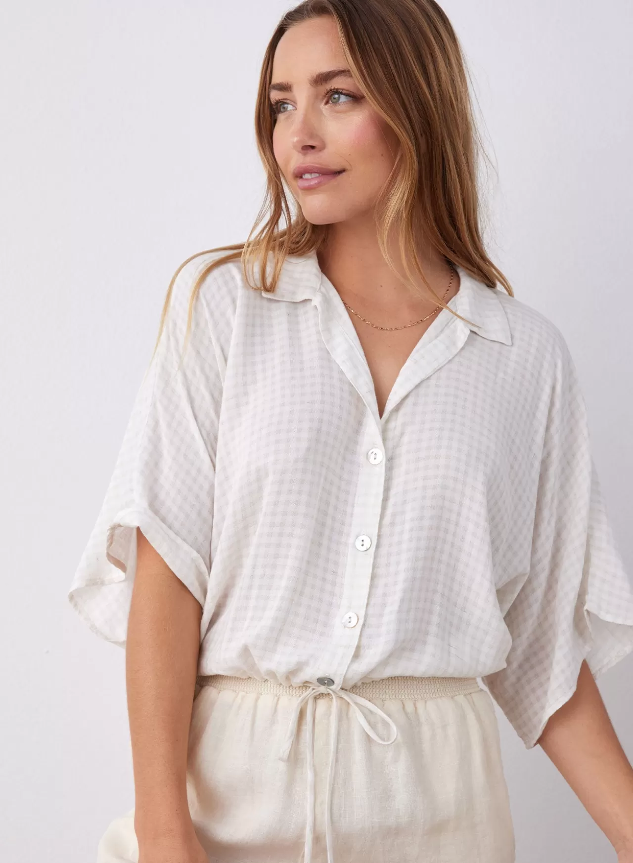 Bella Dahl Button Down^Shadow Check Tie Waist Shirt - Light Sand