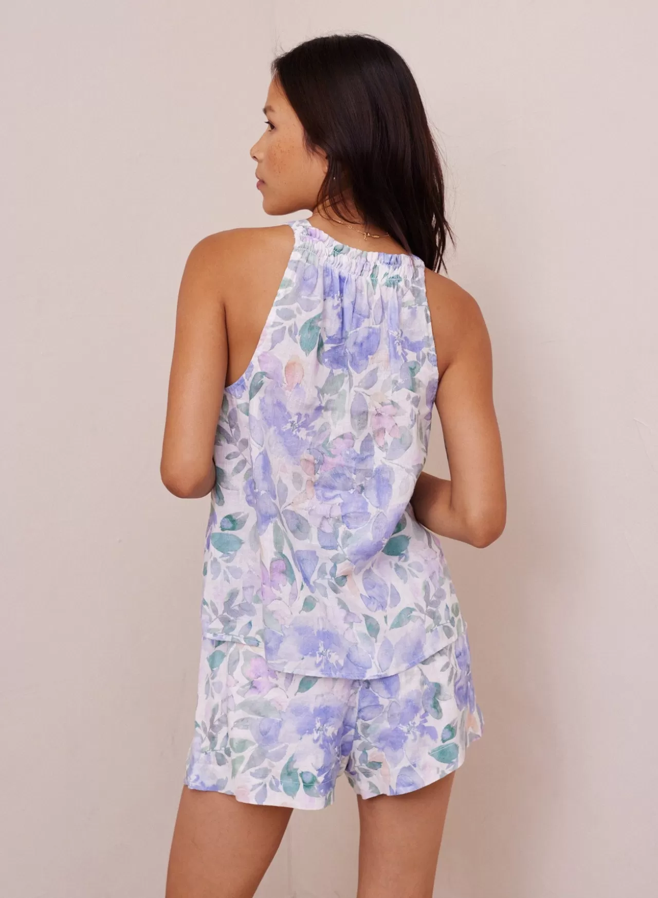 Bella Dahl Sleeveless^Shirred Linen Halter Top - Peri Jardin Print