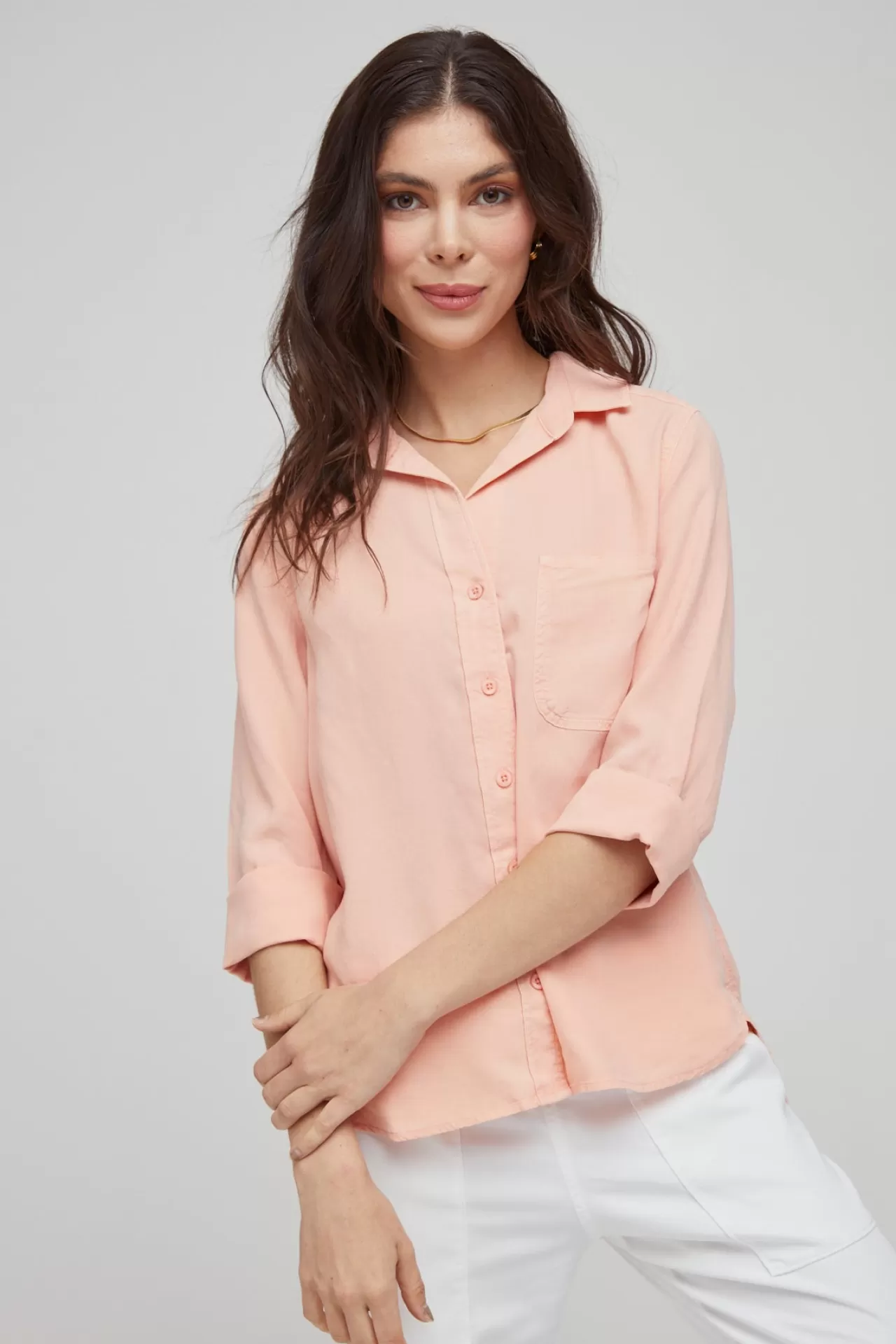 Bella Dahl Button Down^Shirt Tail Button Down - Sunset Coral