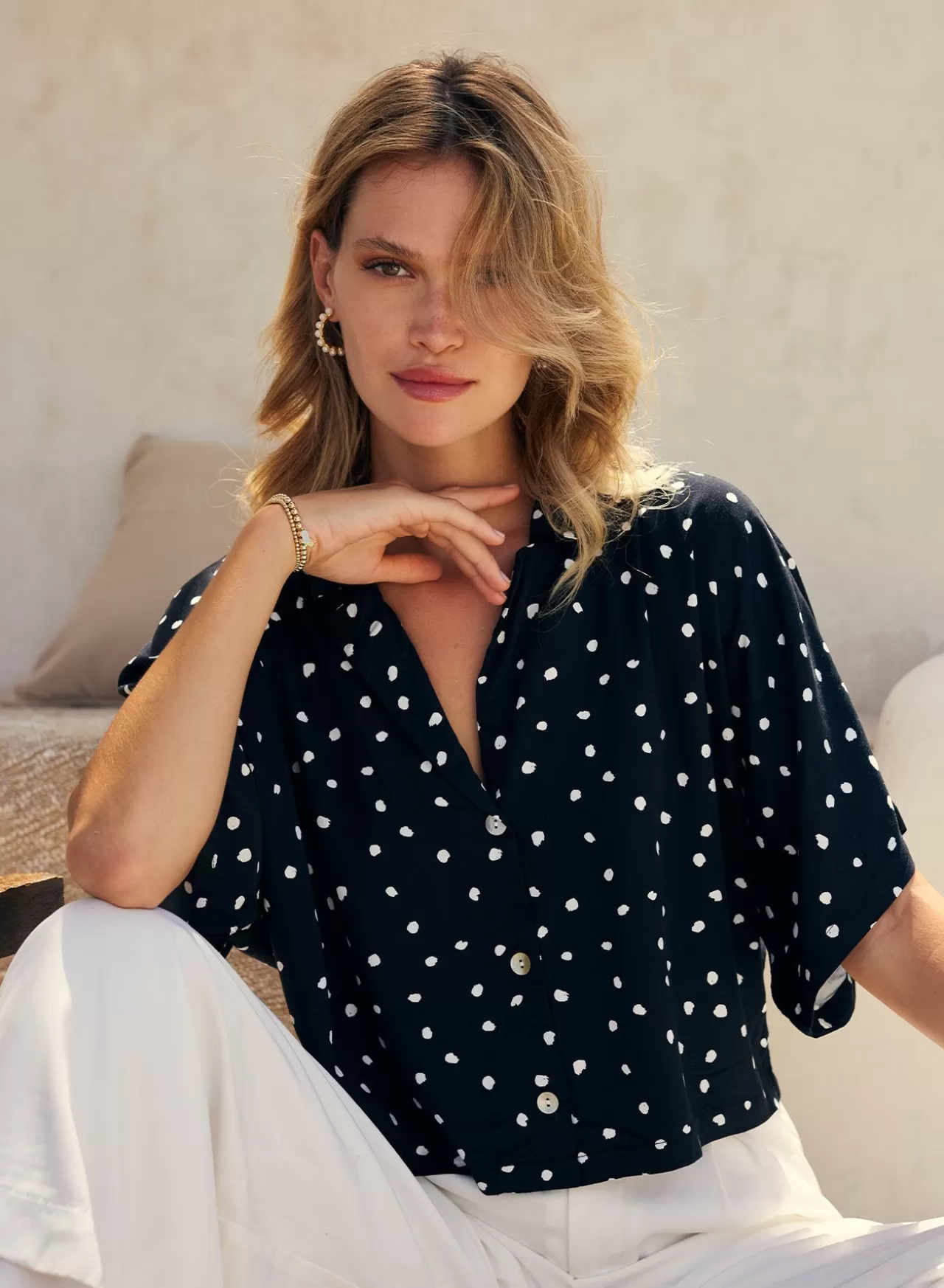 Bella Dahl Button Down^Short Sleeve Notch Collar Shirt - Deco Dots Print