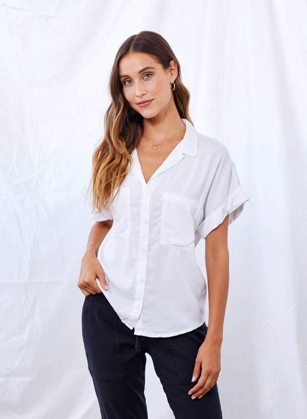 Bella Dahl Short Sleeve^Short Sleeve Tencel Button Down - White