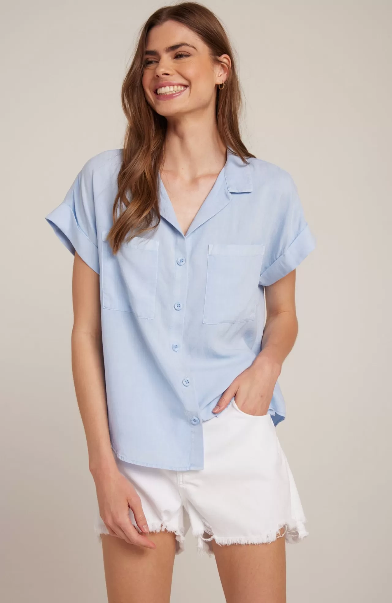 Bella Dahl Button Down^Short Sleeve Tencel Button Down - Blue Oasis