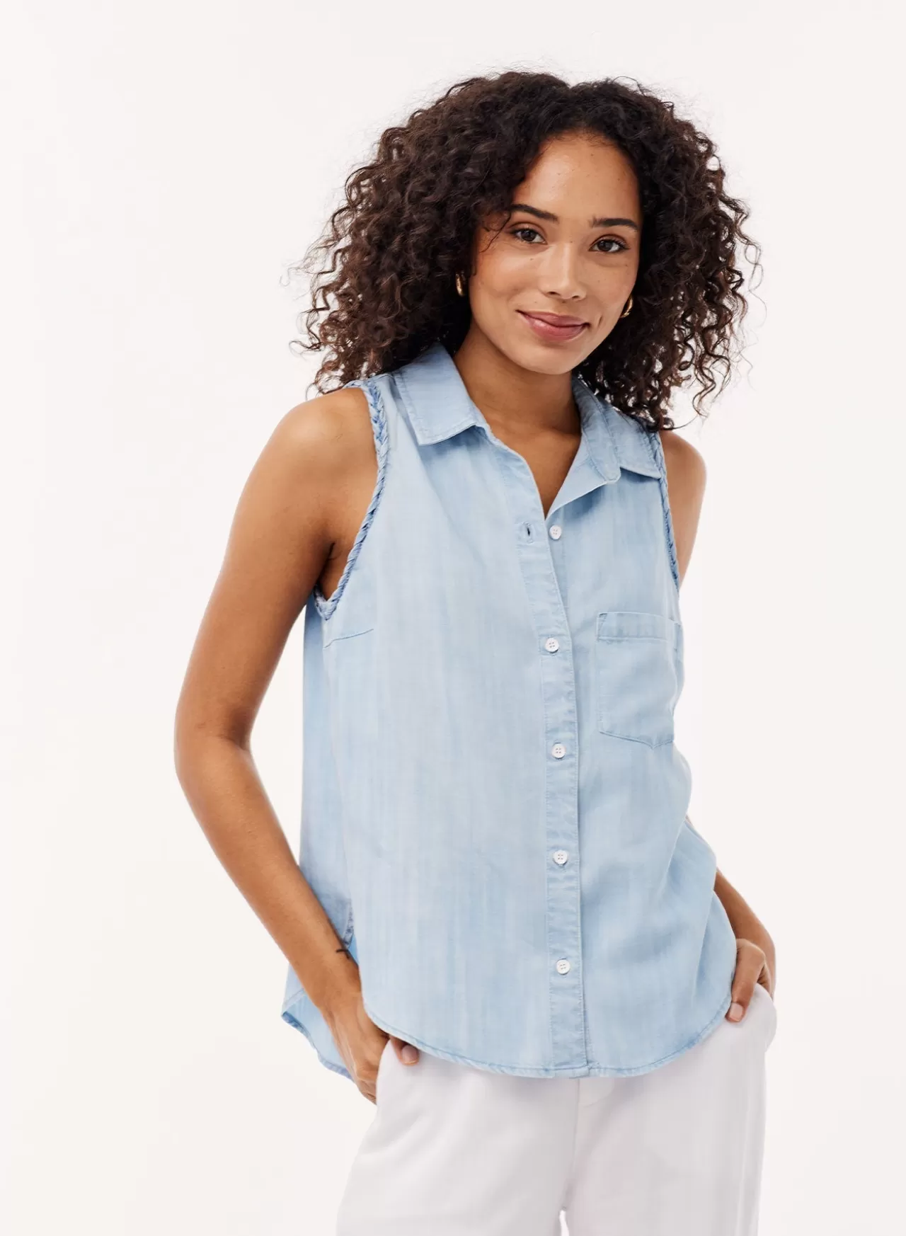 Bella Dahl Button Down^Sleeveless Button Down W/ Braided Trim - Light Indigo Wash