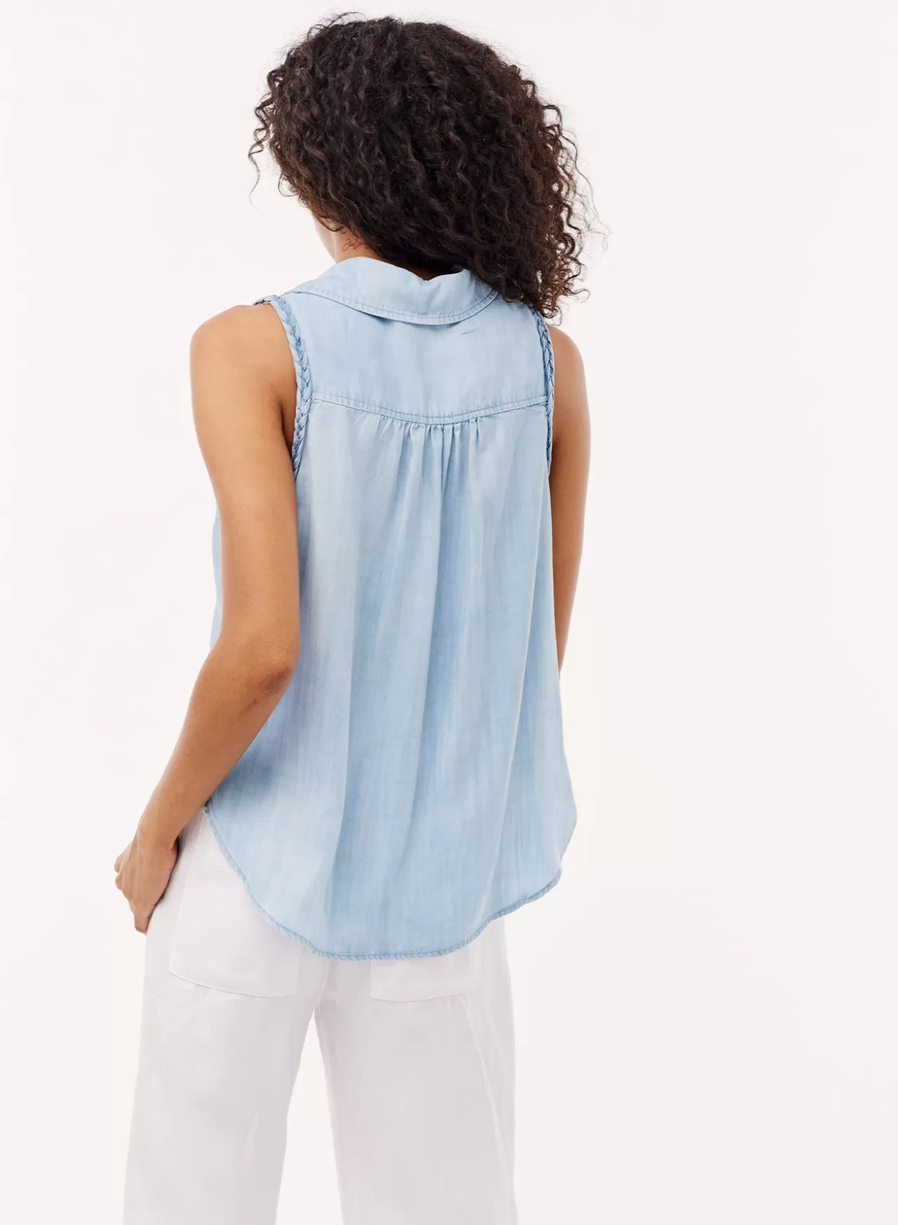 Bella Dahl Button Down^Sleeveless Button Down W/ Braided Trim - Light Indigo Wash