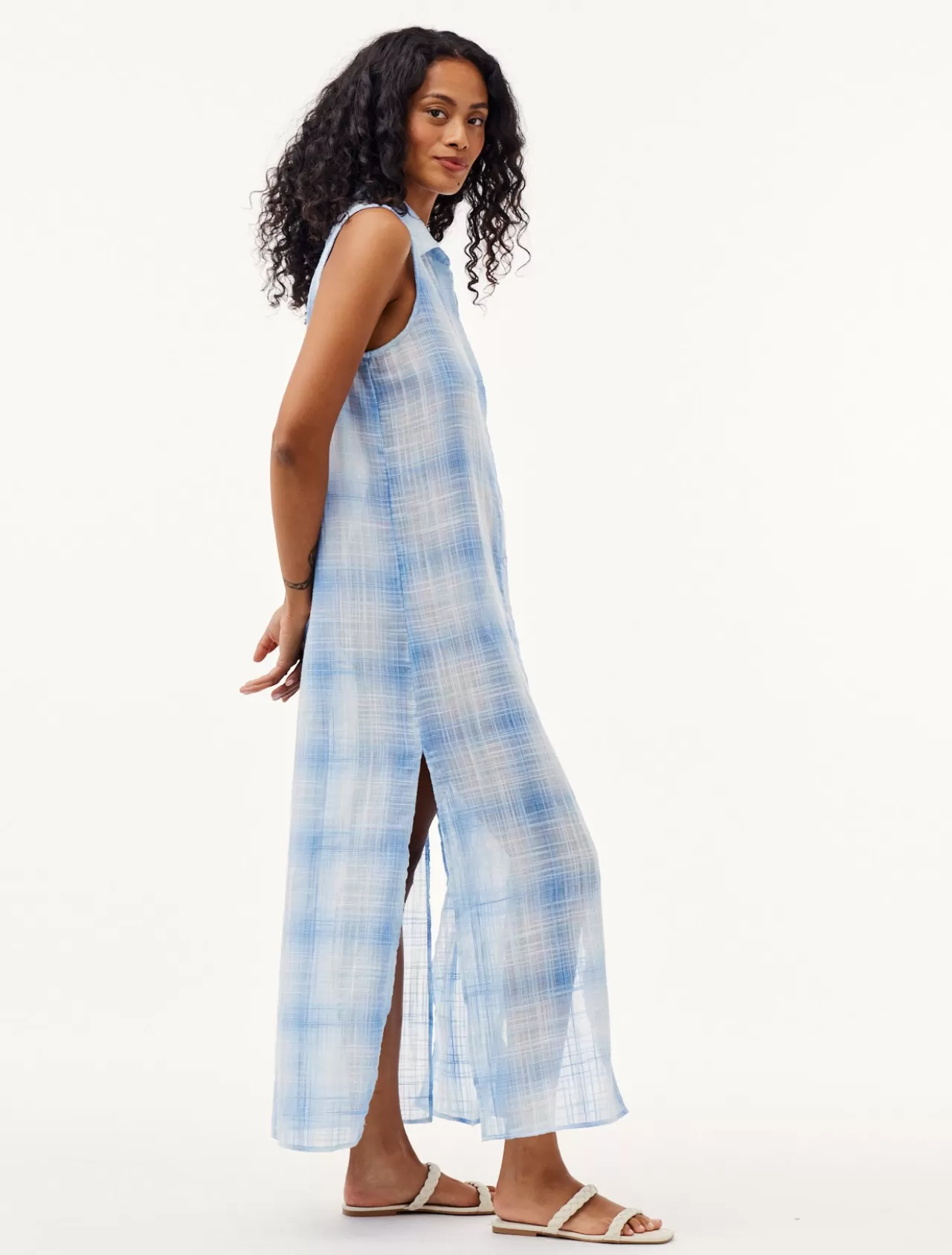 Bella Dahl Maxi Dresses^Sleeveless Duster Dress - Heather Blue Plaid