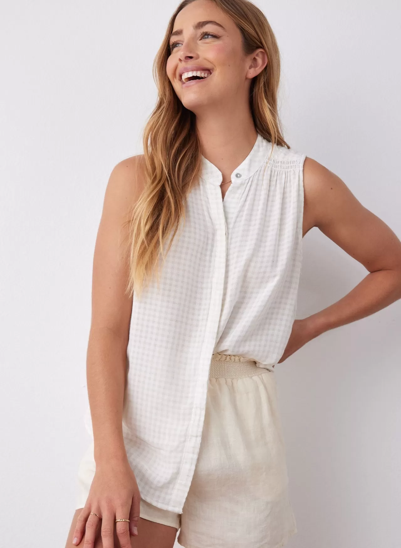 Bella Dahl Button Down^Sleeveless Smocked Button Down - Light Sand