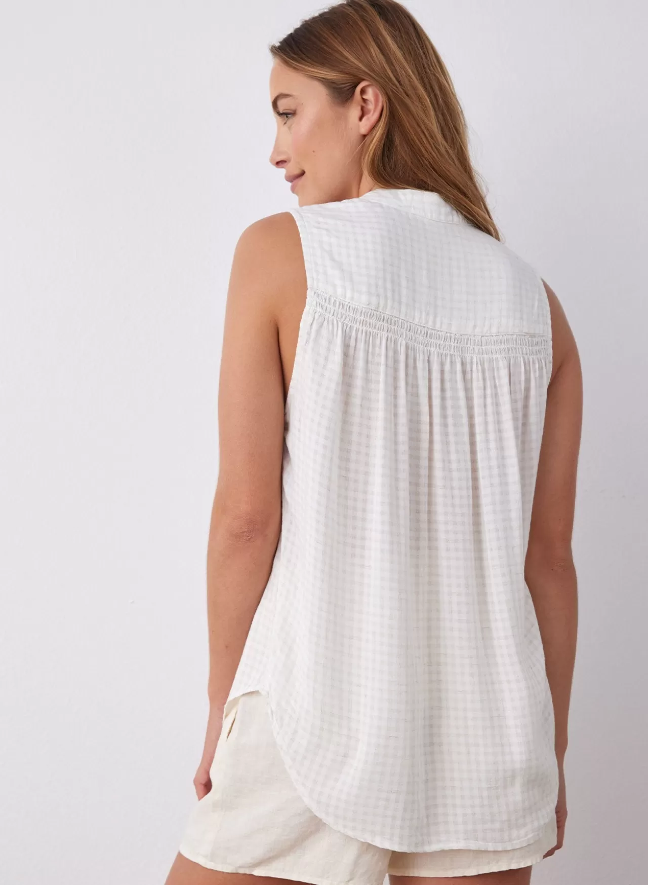 Bella Dahl Button Down^Sleeveless Smocked Button Down - Light Sand