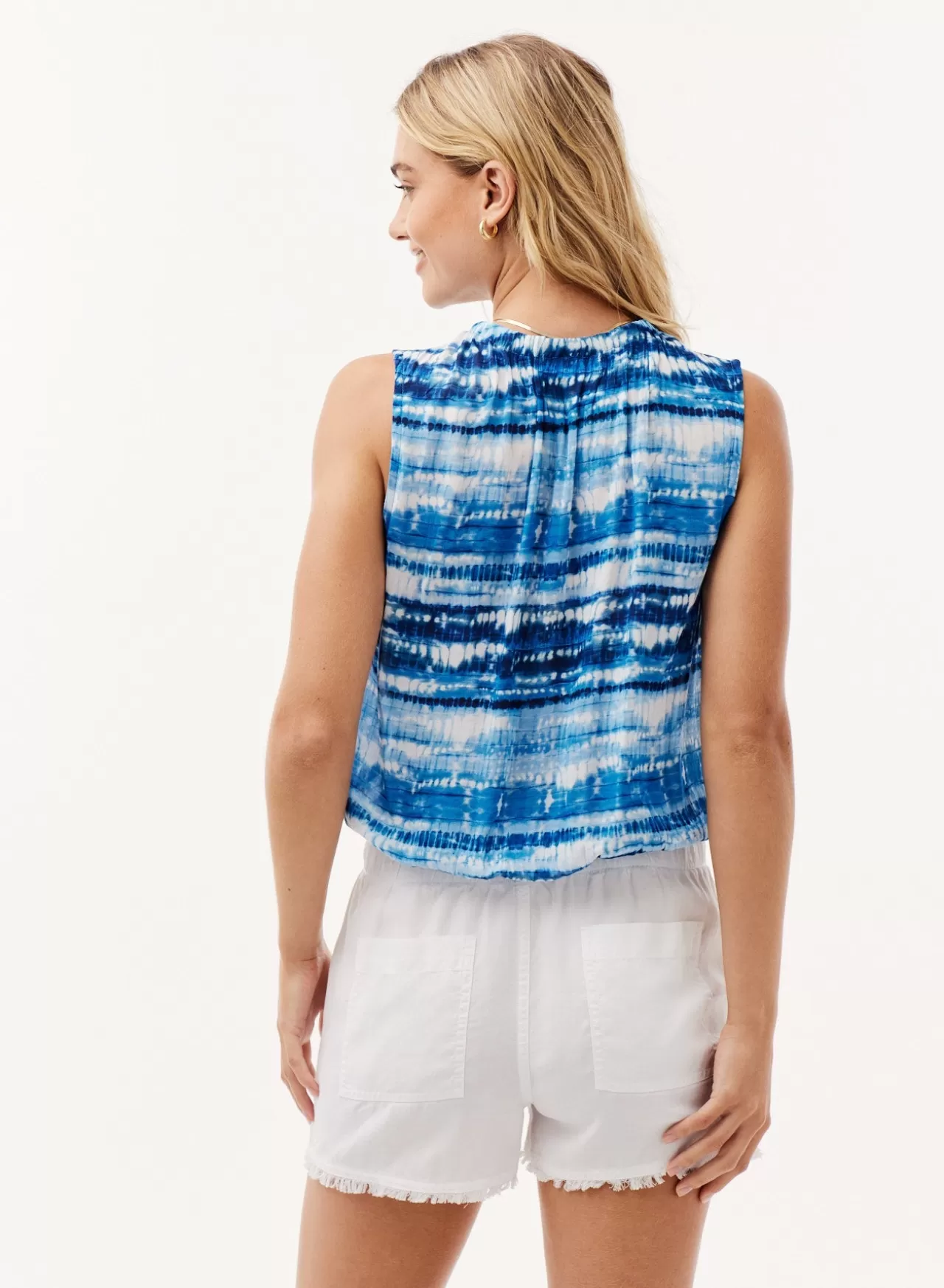 Bella Dahl Sleeveless^Smocked Neck Sleeveless Tank - Blue Shibori Print