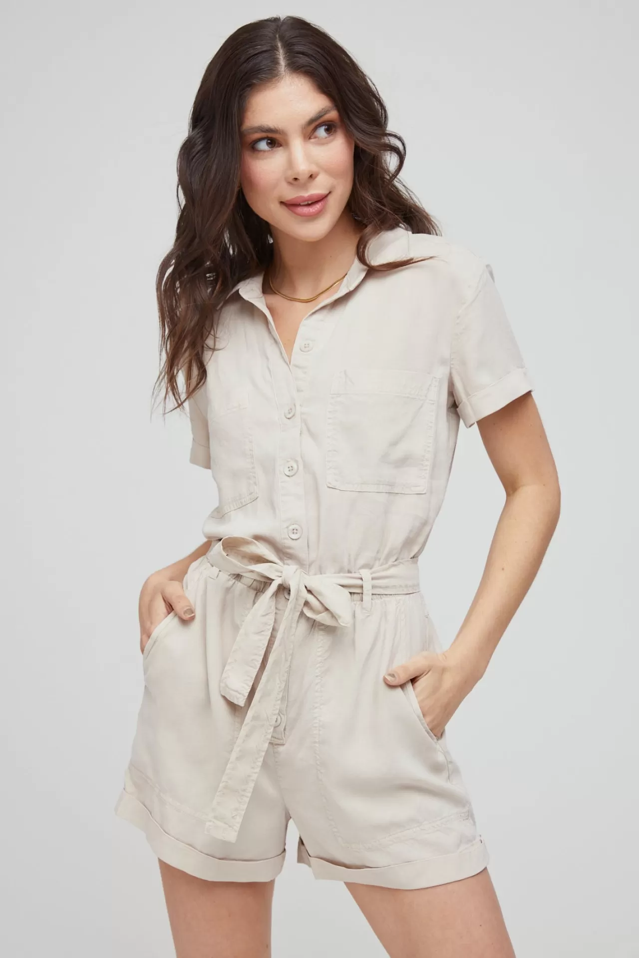 Bella Dahl Jumpsuits & Rompers^Utility Rolled Hem Tencel Romper - Soft Tan