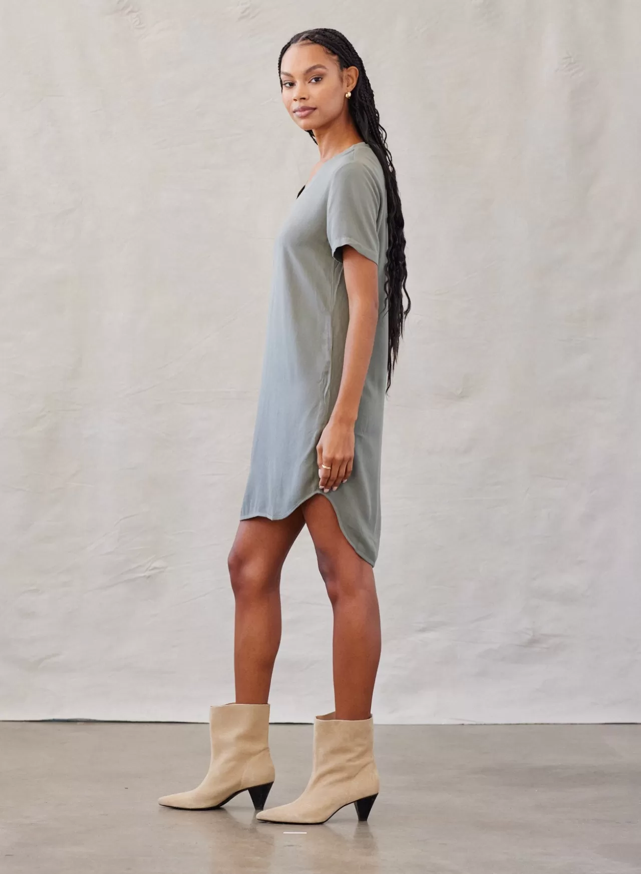 Bella Dahl Mini Dresses^V-Neck Knit Tee Dress - Soft Army