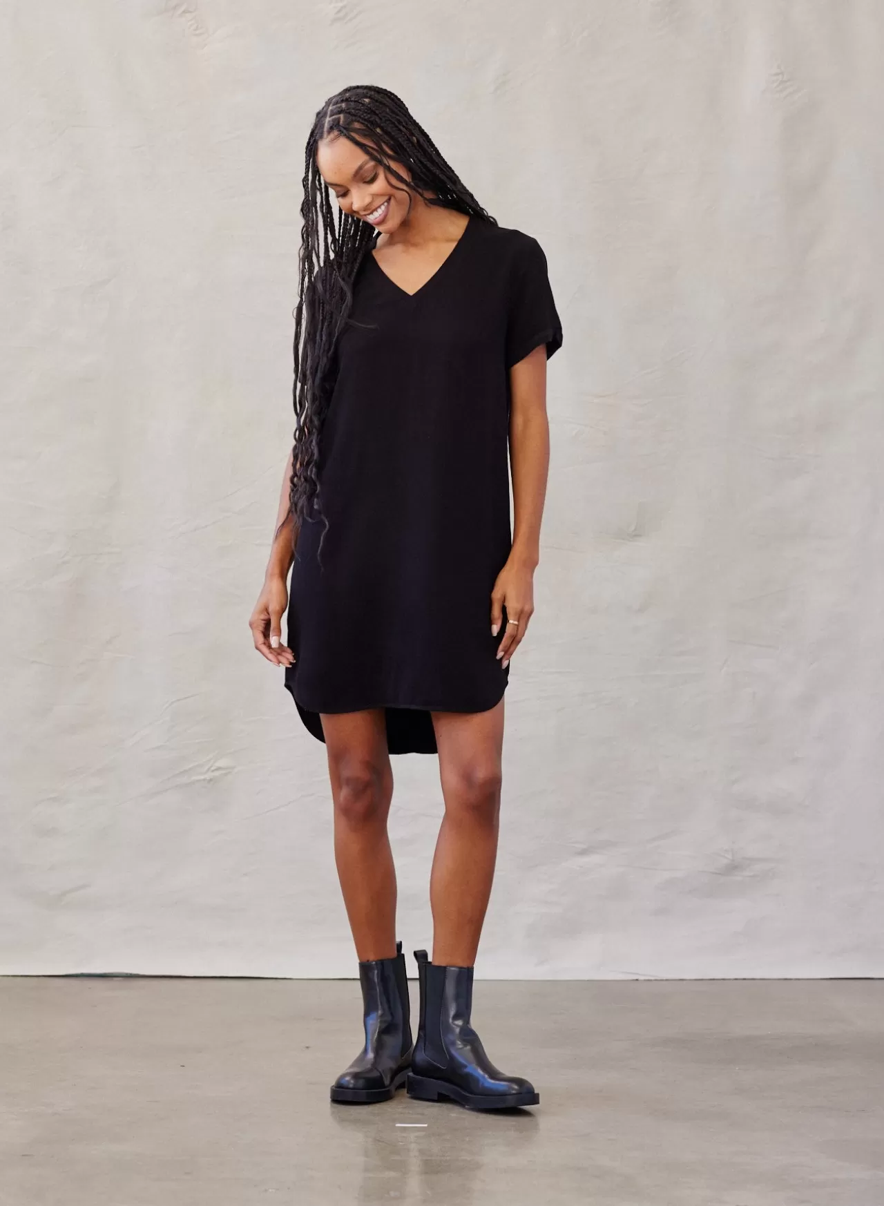 Bella Dahl Mini Dresses^V-Neck Knit Tee Dress - Vintage Black