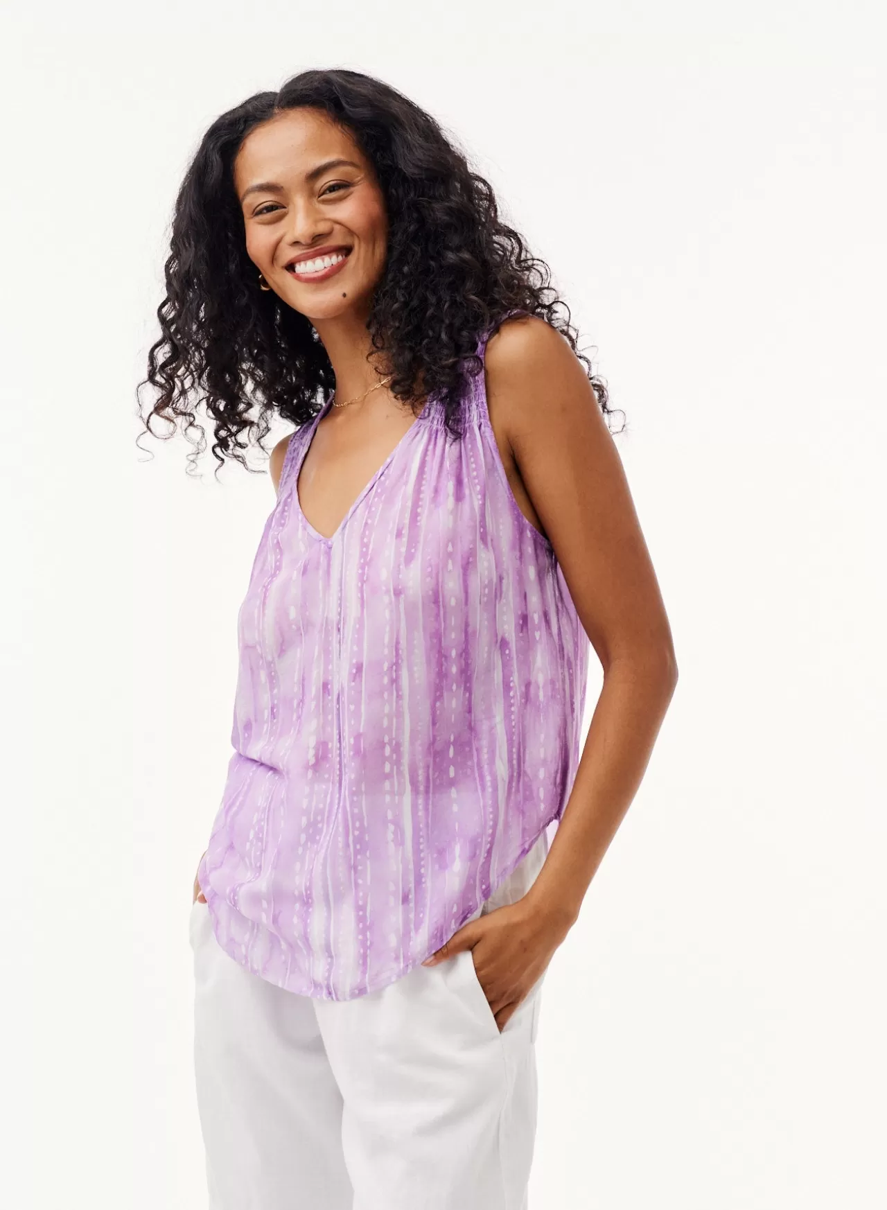 Bella Dahl Sleeveless^V-Neck Smocked Shoulder Top - Orchid Stripe Print